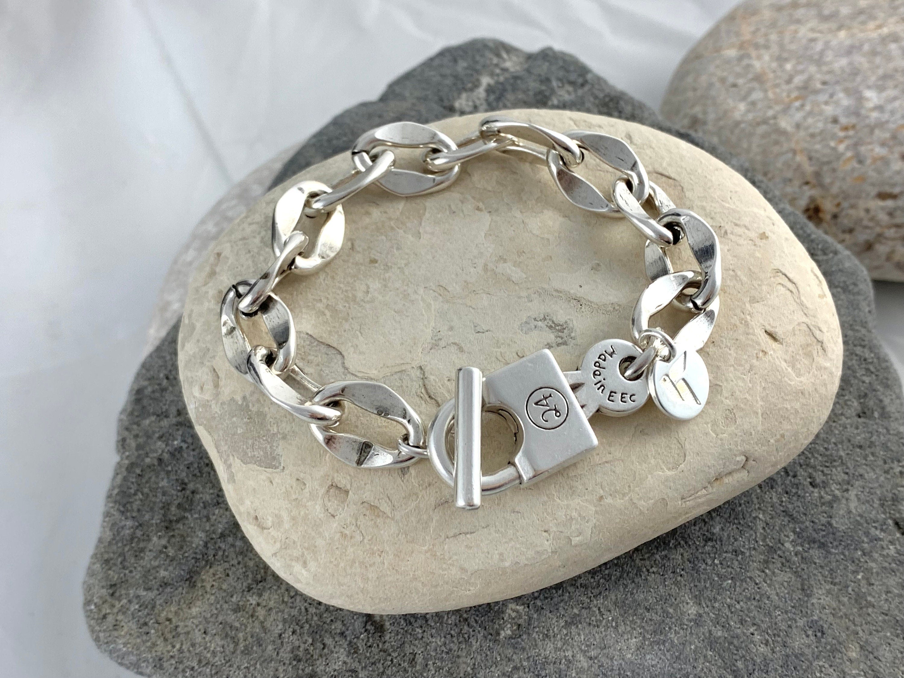 Bold Chunky silver plated Chain Bracelet with Oversized Padlock toggle Clasp – Industrial jewelry