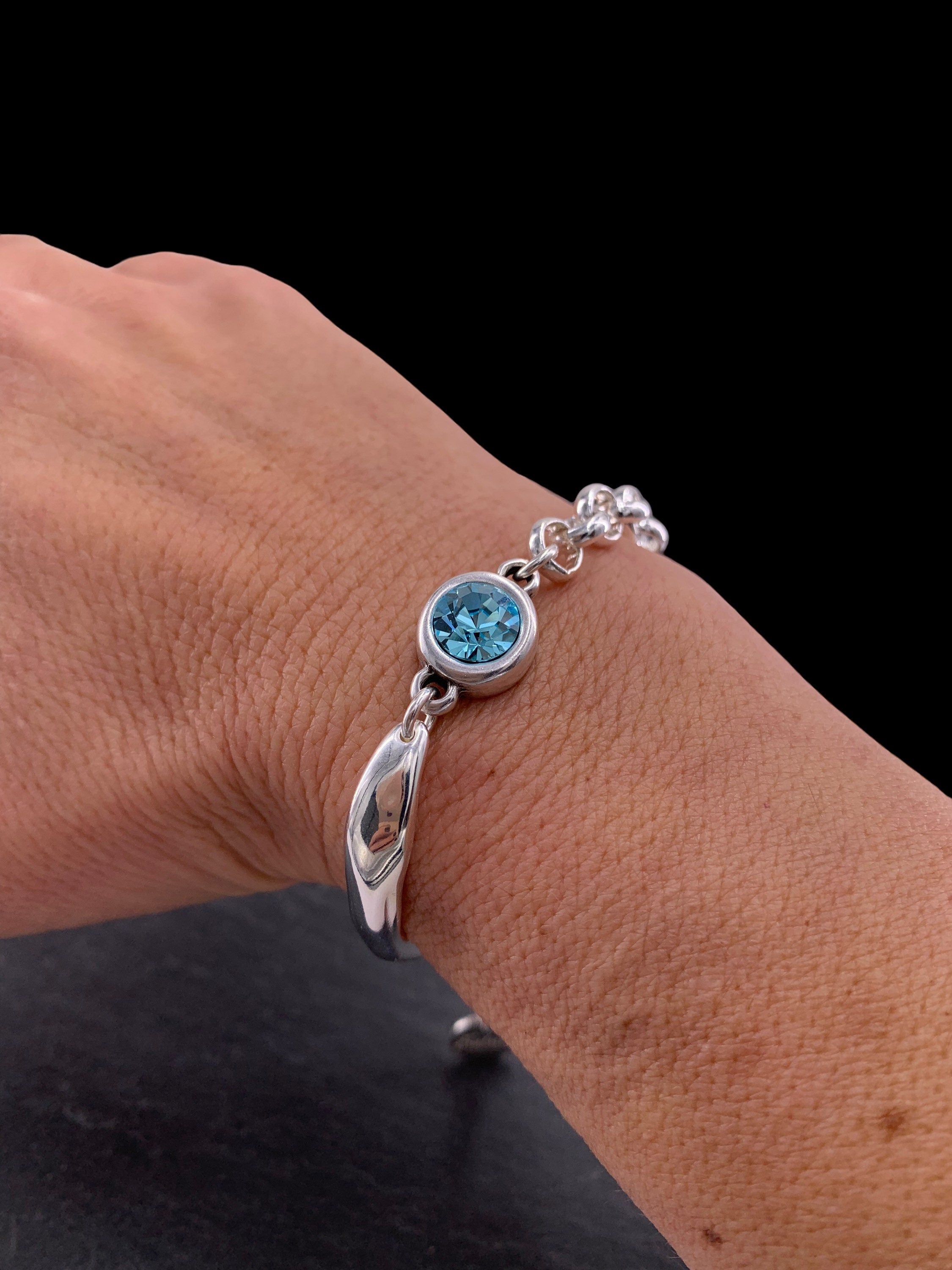 Chunky silver half-cuff and chain bracelet with Swarovski accent, custom bold bracelet