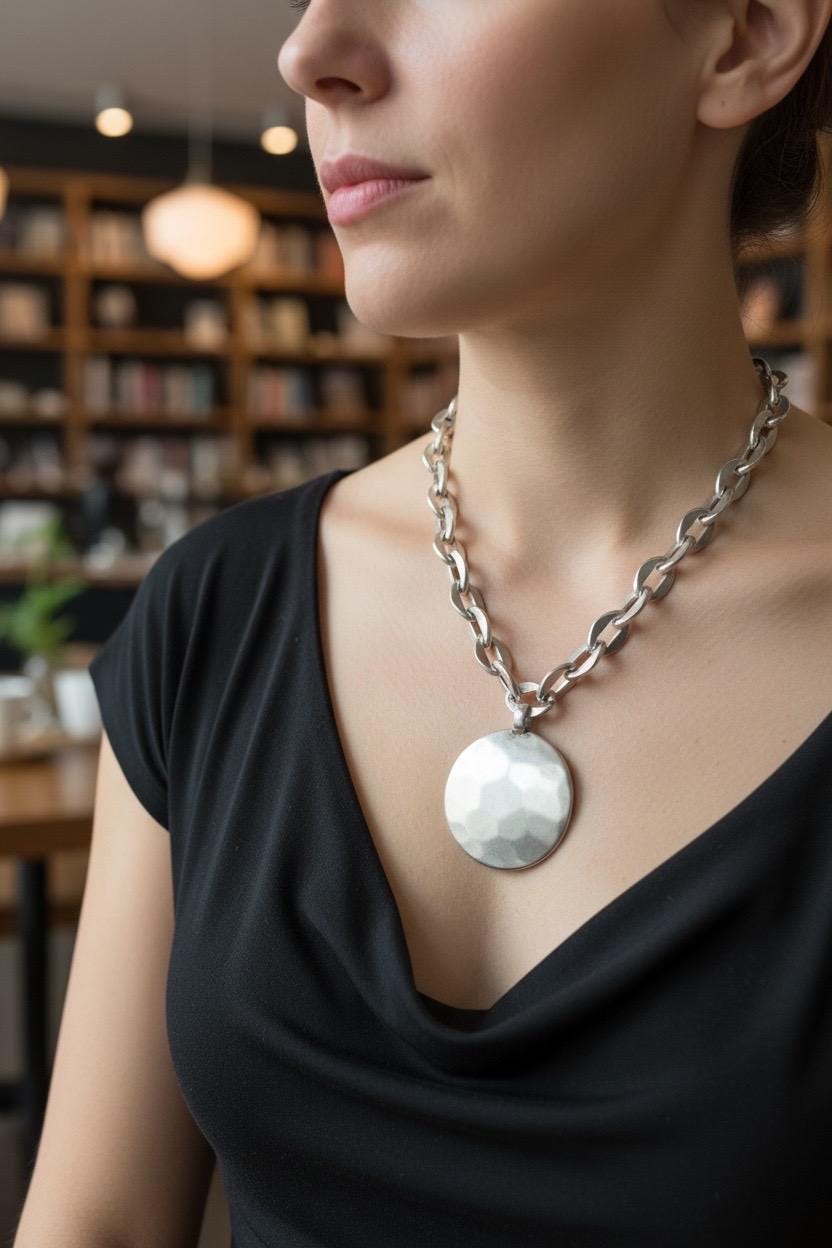 Chunky chain Silver-Plated toggle clasp Necklace with Large Hammered Pendant, bold custom jewelry