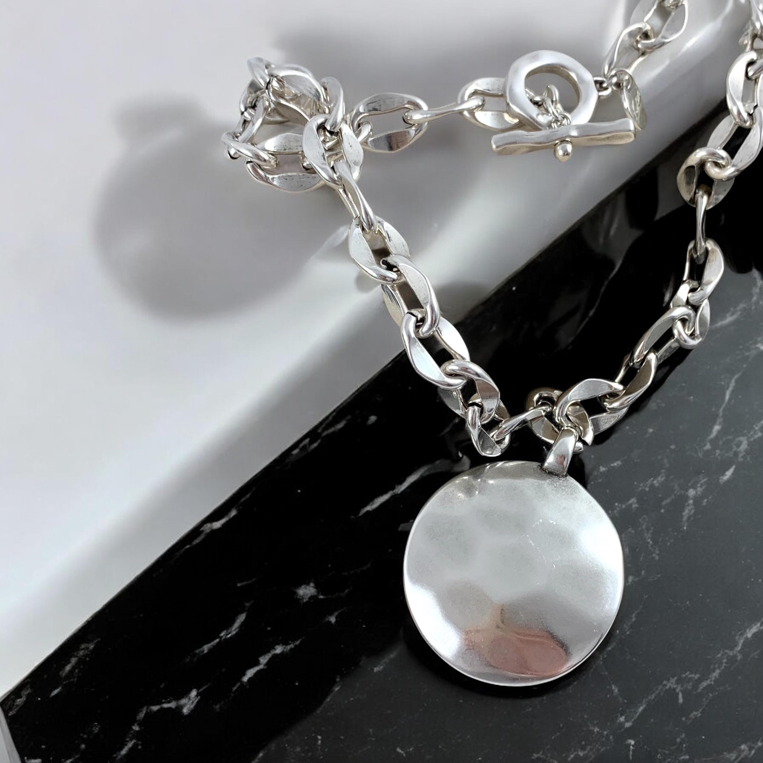 Chunky chain Silver-Plated toggle clasp Necklace with Large Hammered Pendant, bold custom jewelry