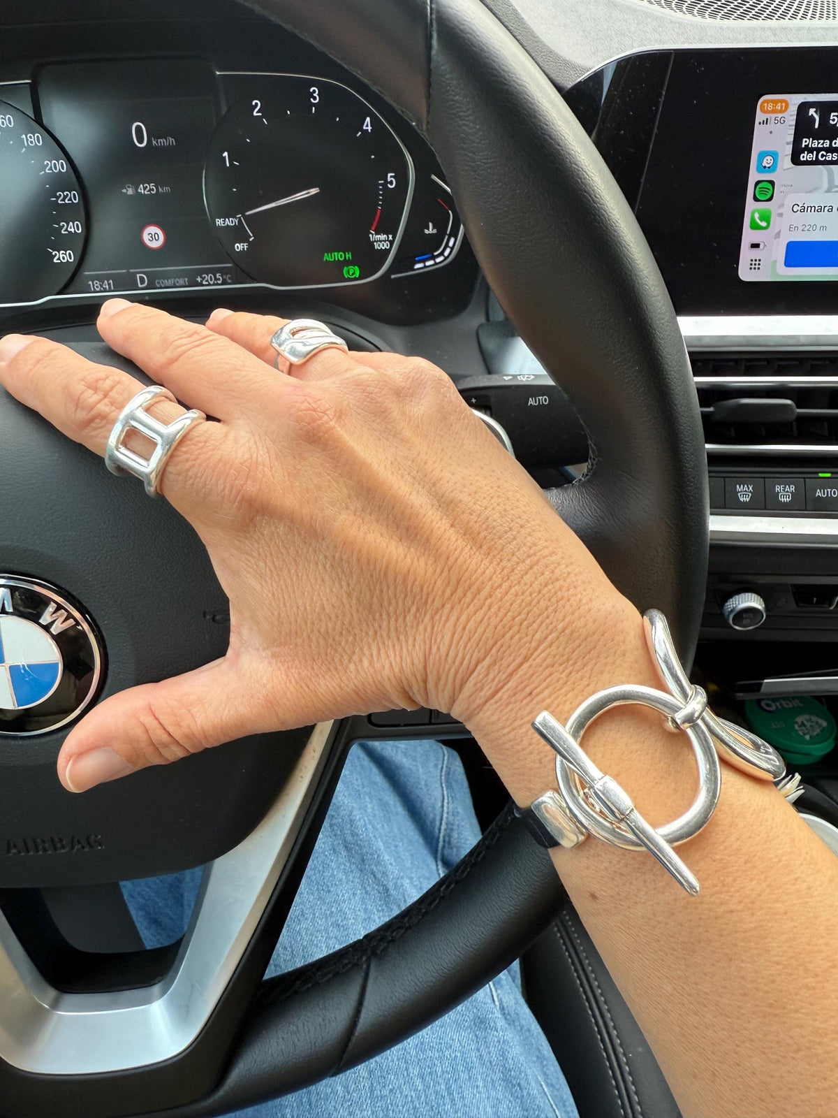 Artisian oversized chunky silver plated and leather bracelet, industrial jewelry