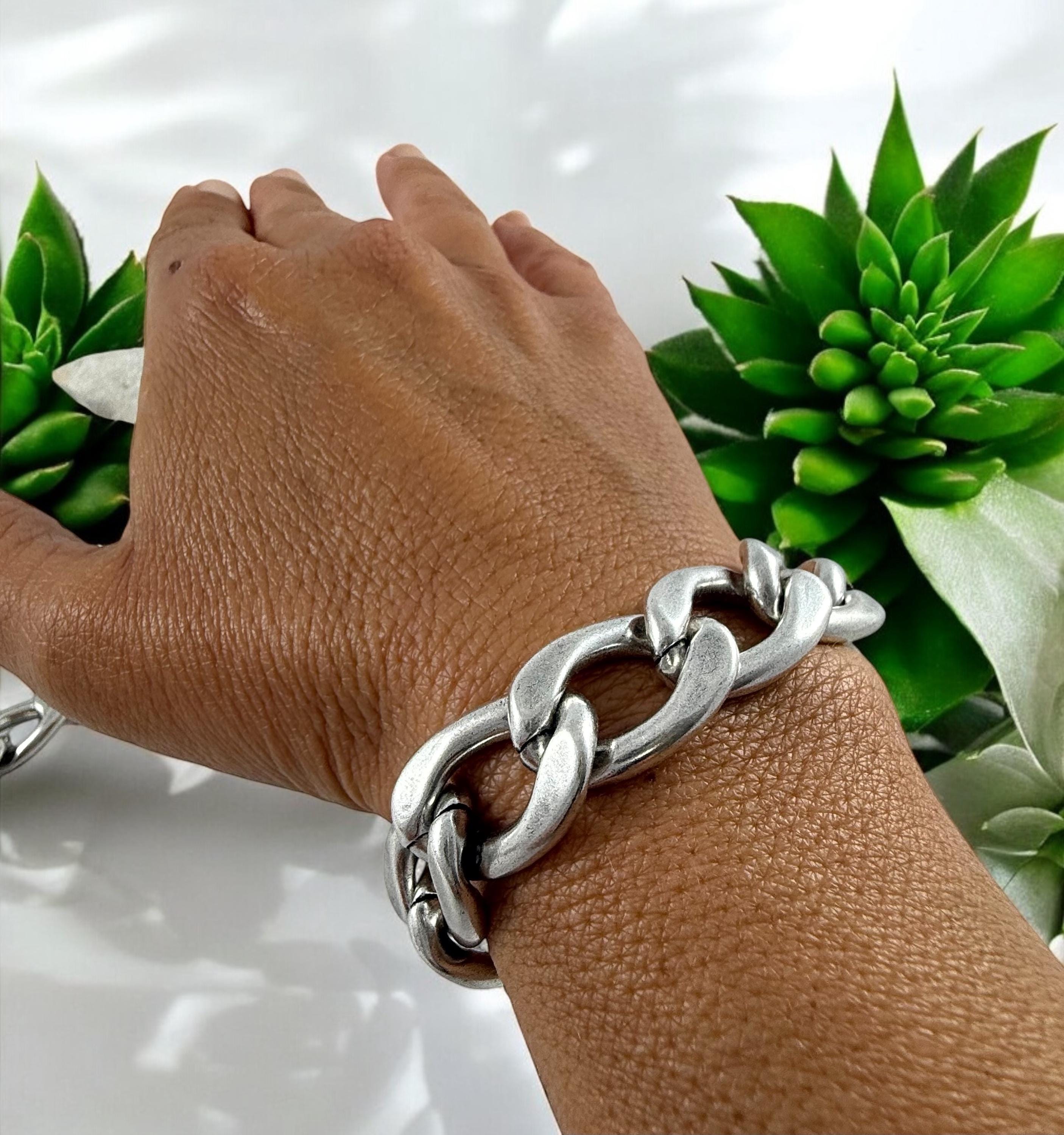 Adjustable Lightweight Chunky silver plated cuban chain bracelet, industrial style