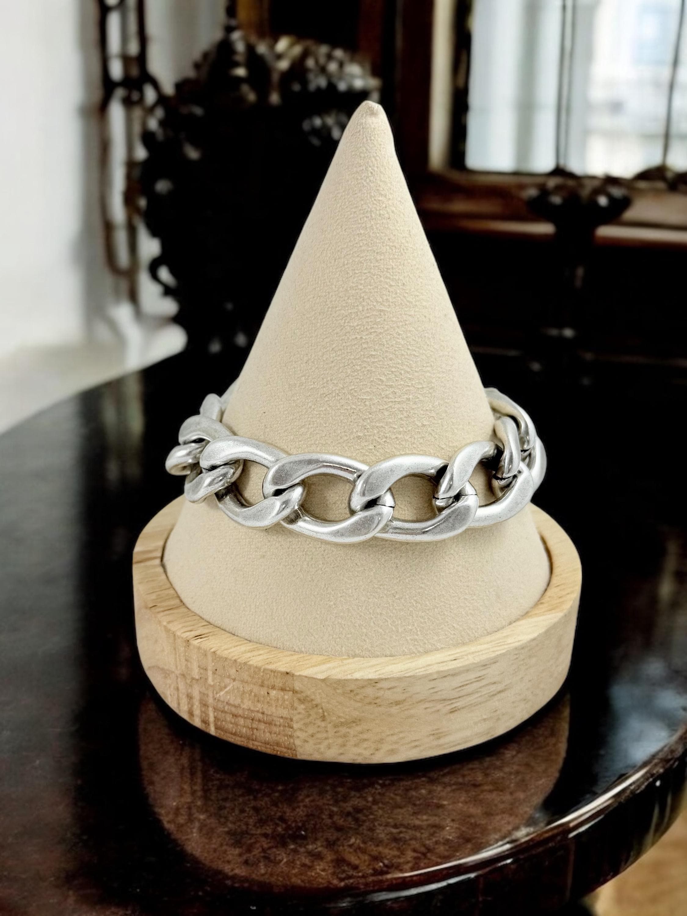 Adjustable Lightweight Chunky silver plated cuban chain bracelet, industrial style