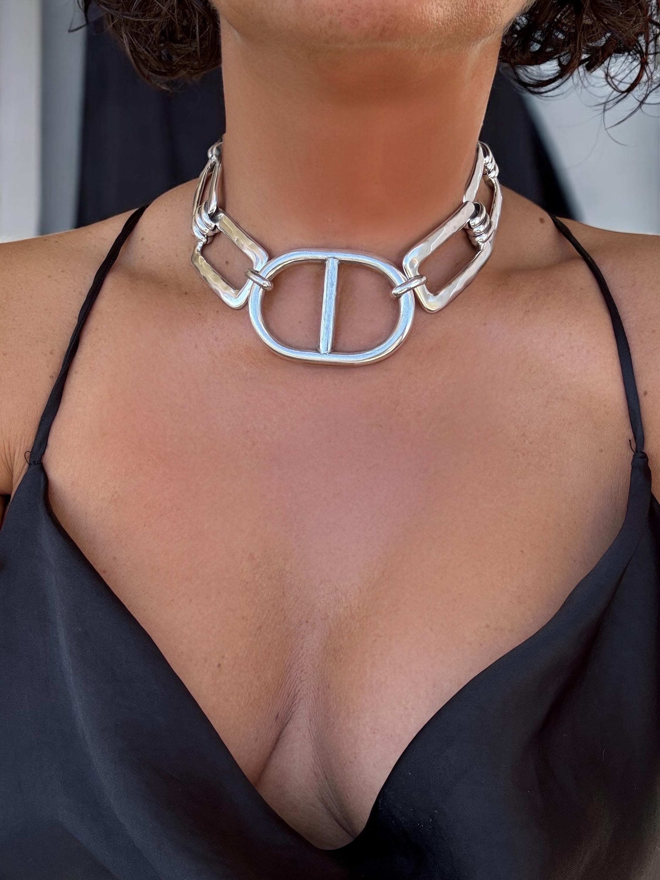 Oversized chunky chain with central statement mariner link adjustable choker, custom handmade jewelry