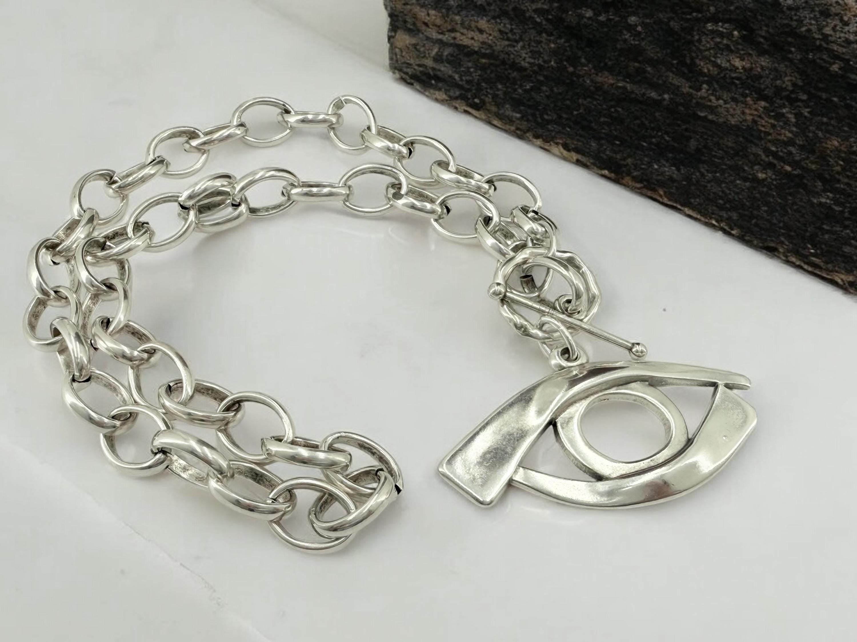 Handmade Silver Plated Chunky chain Necklace with large Egyptian Eye Pendant