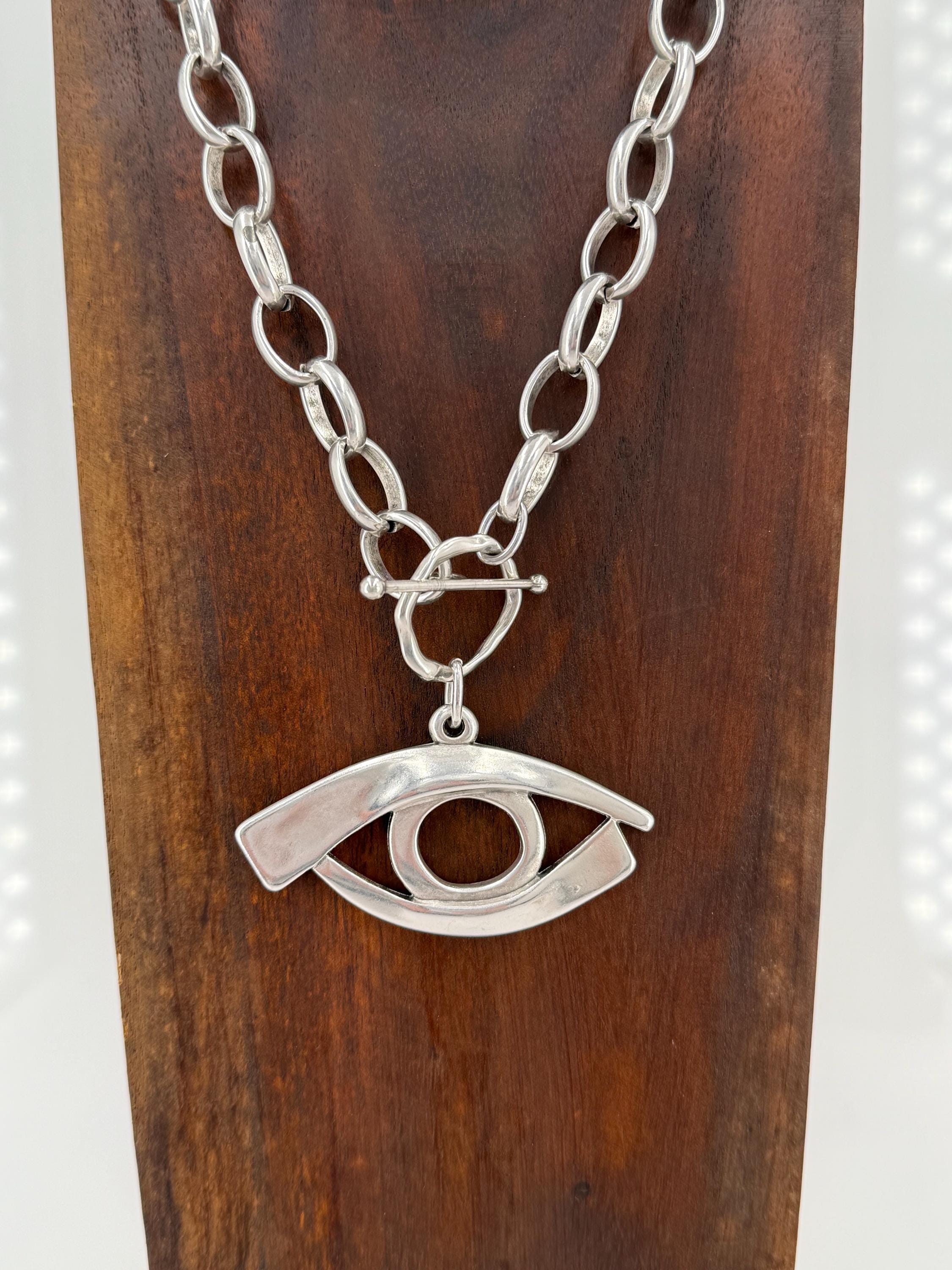 Handmade Silver Plated Chunky chain Necklace with large Egyptian Eye Pendant