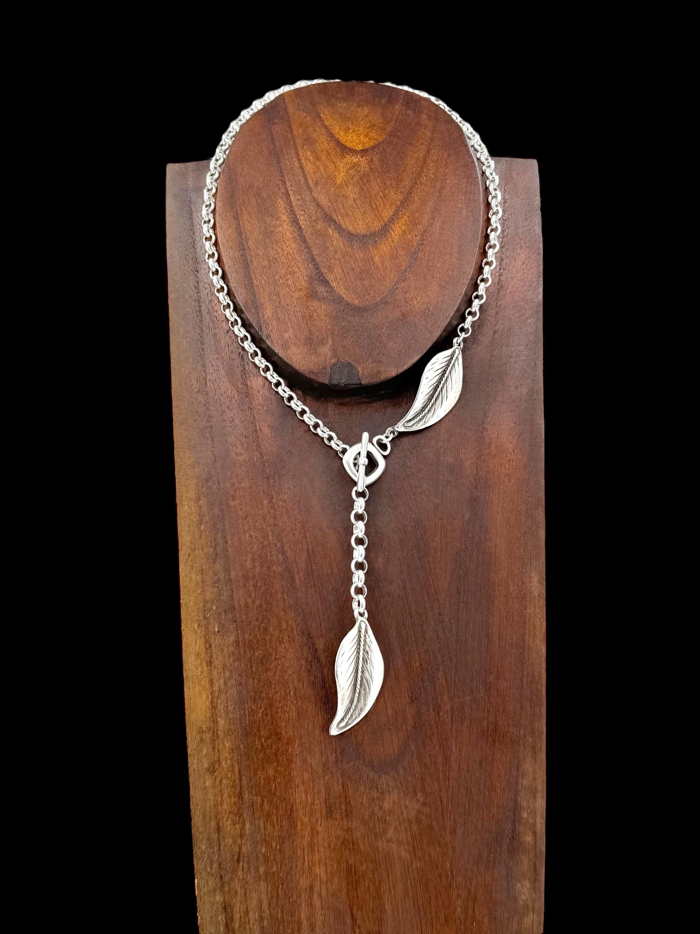 Chunky Silver Plated Lariat Necklace, Leaf Pendant, Toggle Clasp, Boho Style