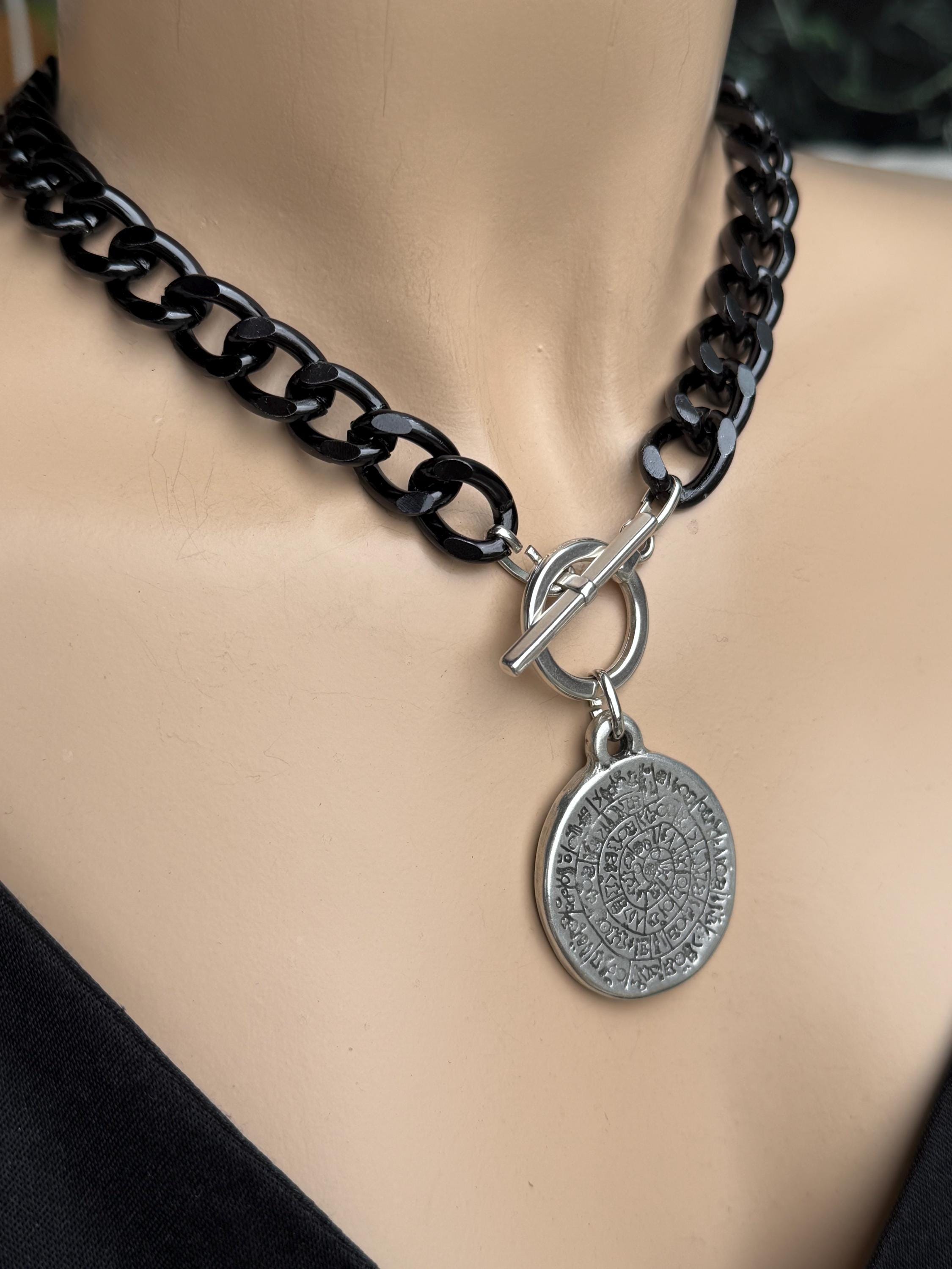 Chunky black chain coin pendant toggle clasp necklace