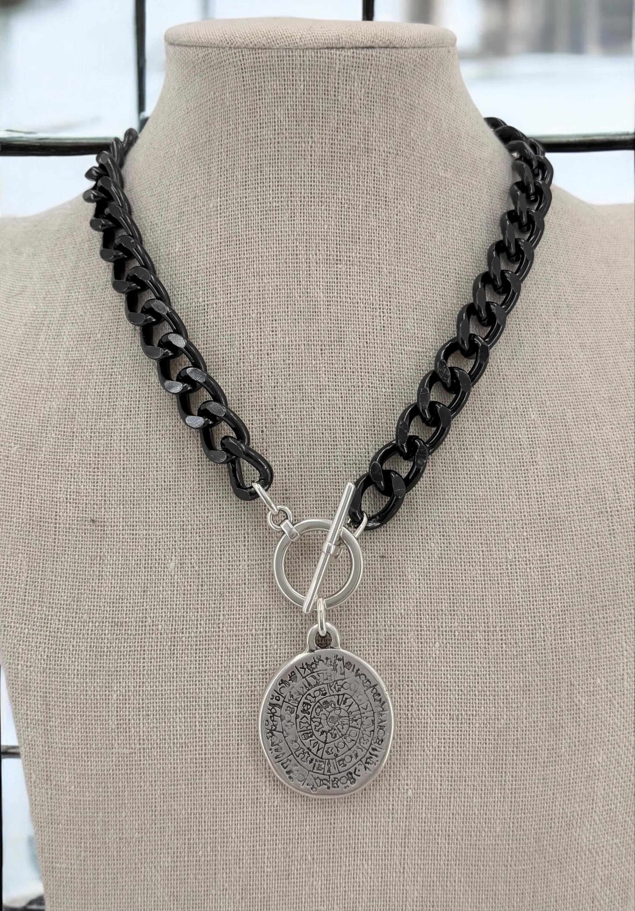Chunky black chain coin pendant toggle clasp necklace