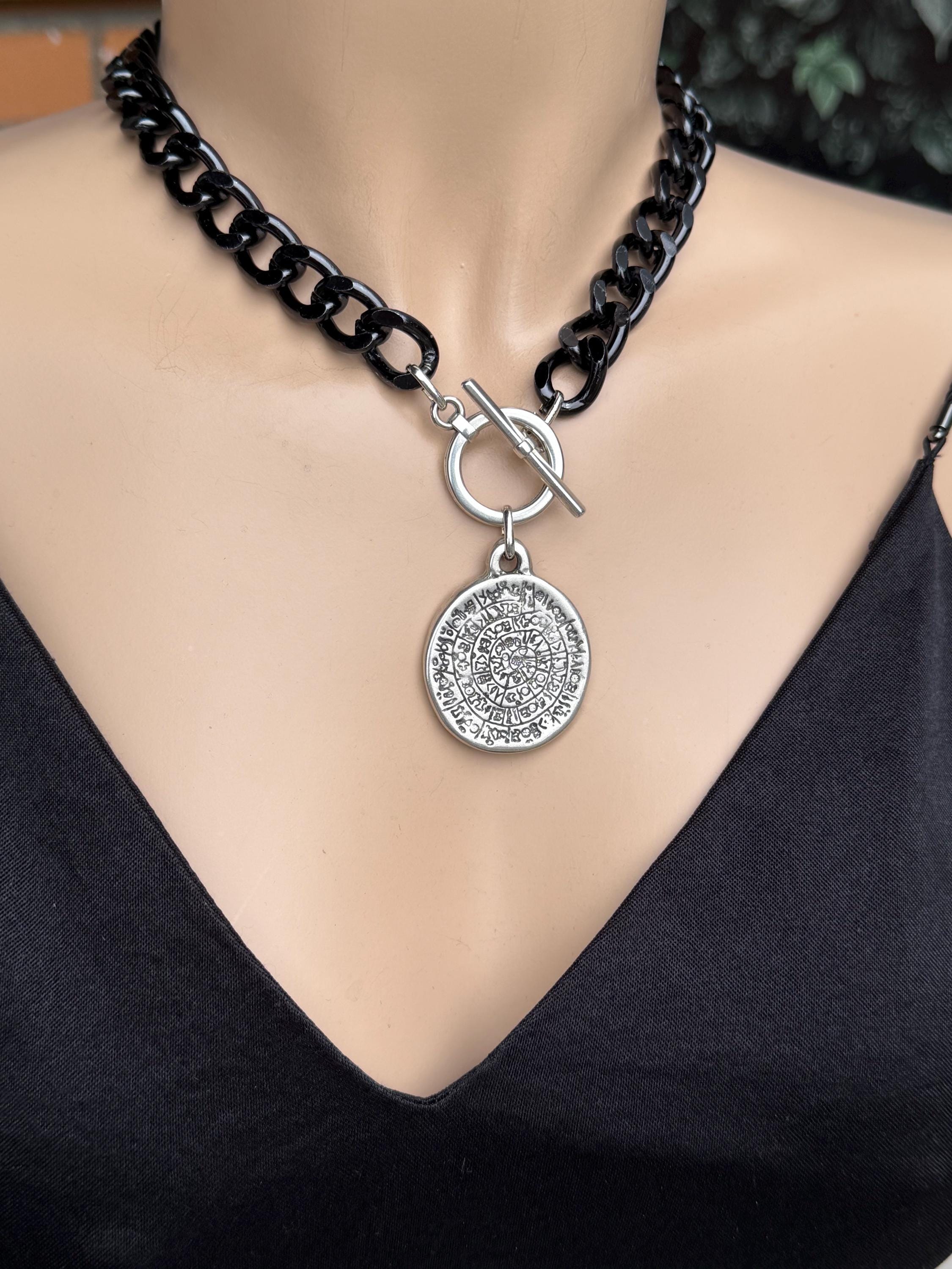 Chunky black chain coin pendant toggle clasp necklace