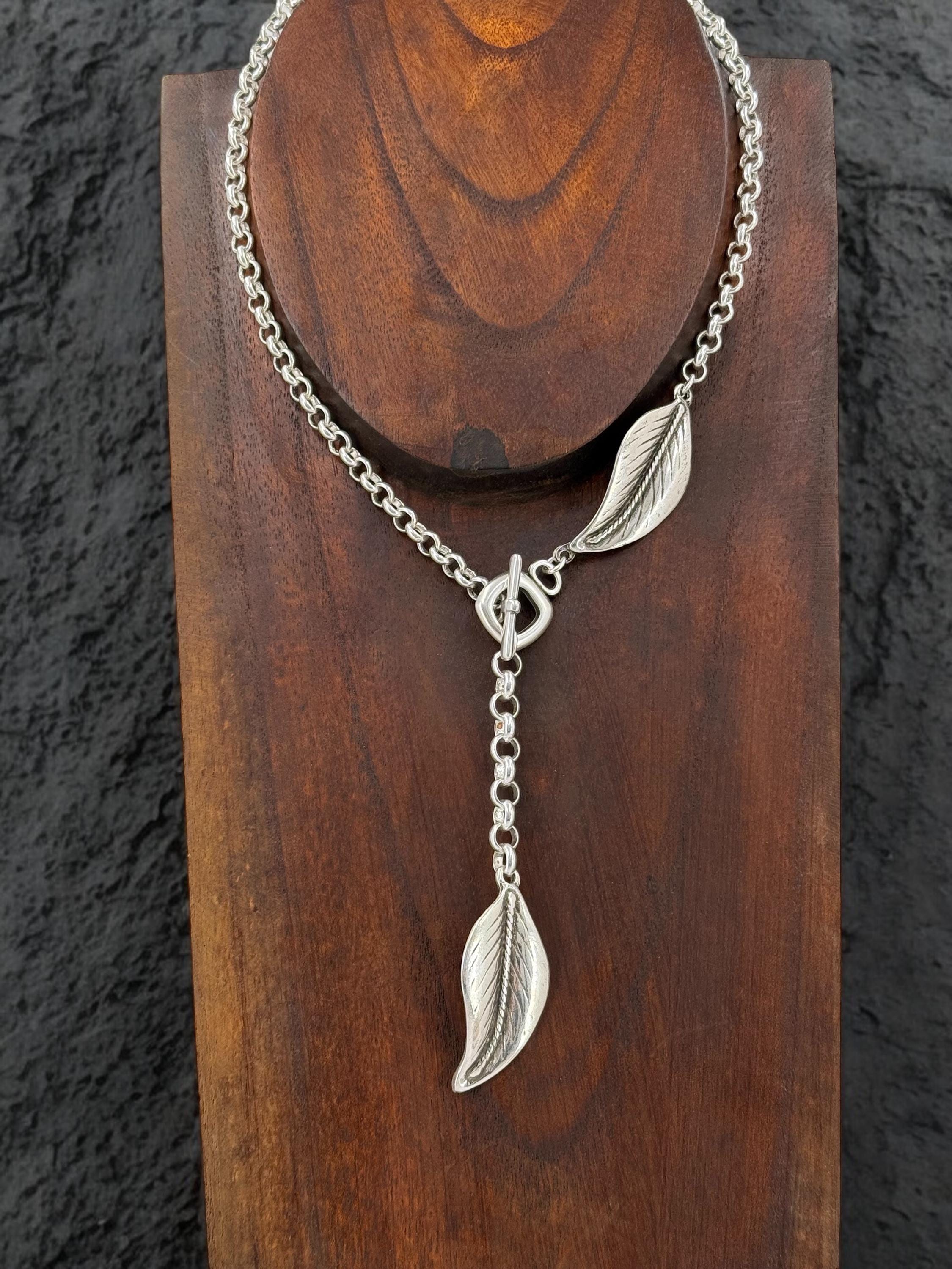 Chunky Silver Plated Lariat Necklace, Leaf Pendant, Toggle Clasp, Boho Style