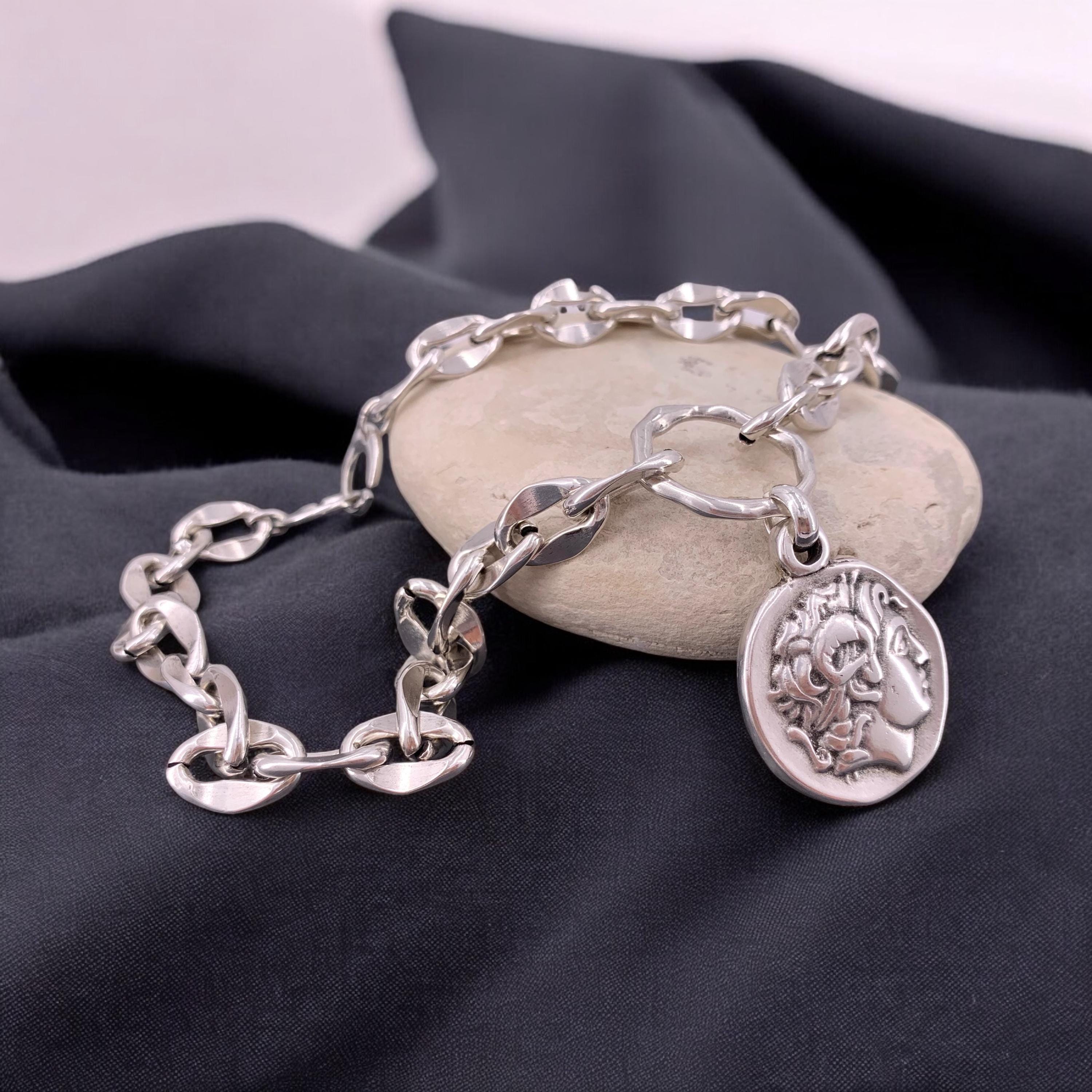 Chunky silver plated chain necklace with statement coin pendant, customized jewelry