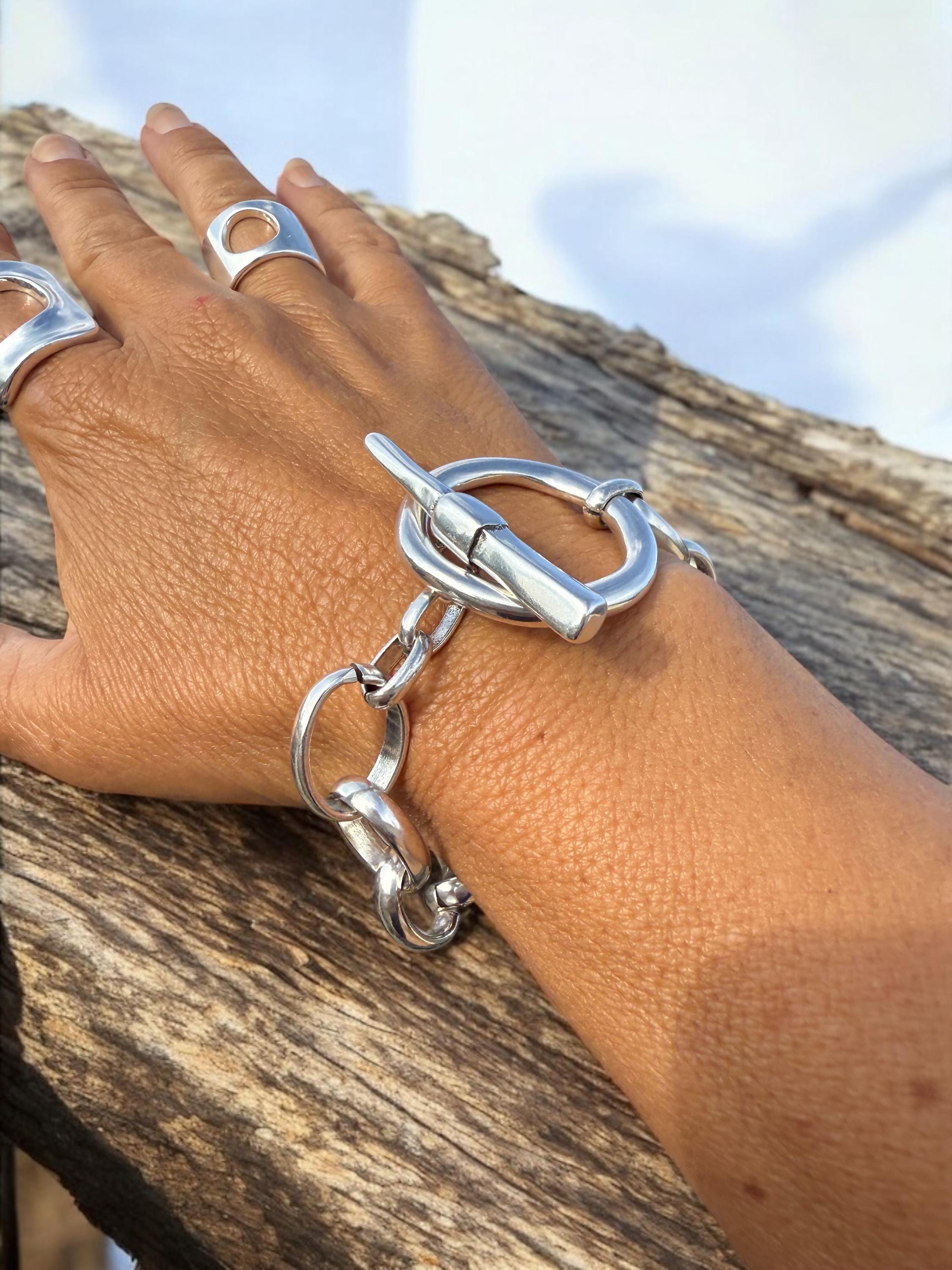 Artisian Chunky silver plated cuff bracelet with toggle bracelet,