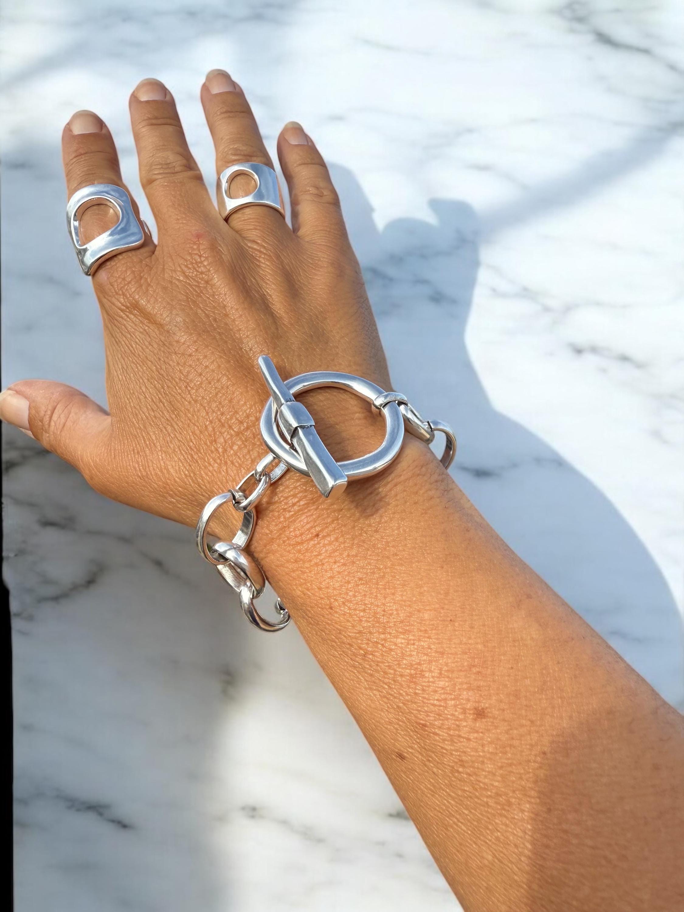 Artisian Chunky silver plated cuff bracelet with toggle bracelet,