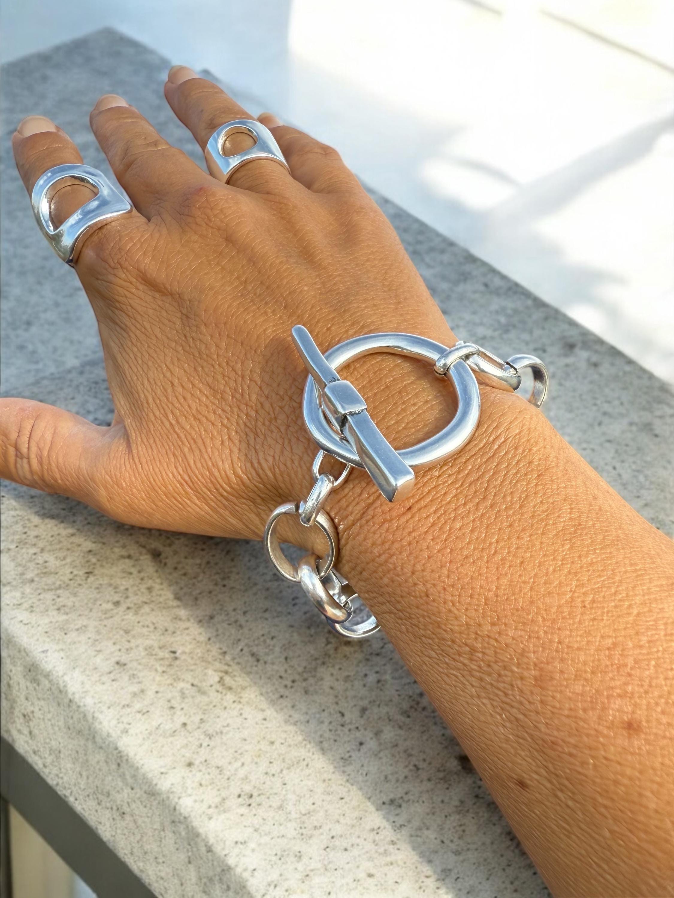 Artisian Chunky silver plated cuff bracelet with toggle bracelet,