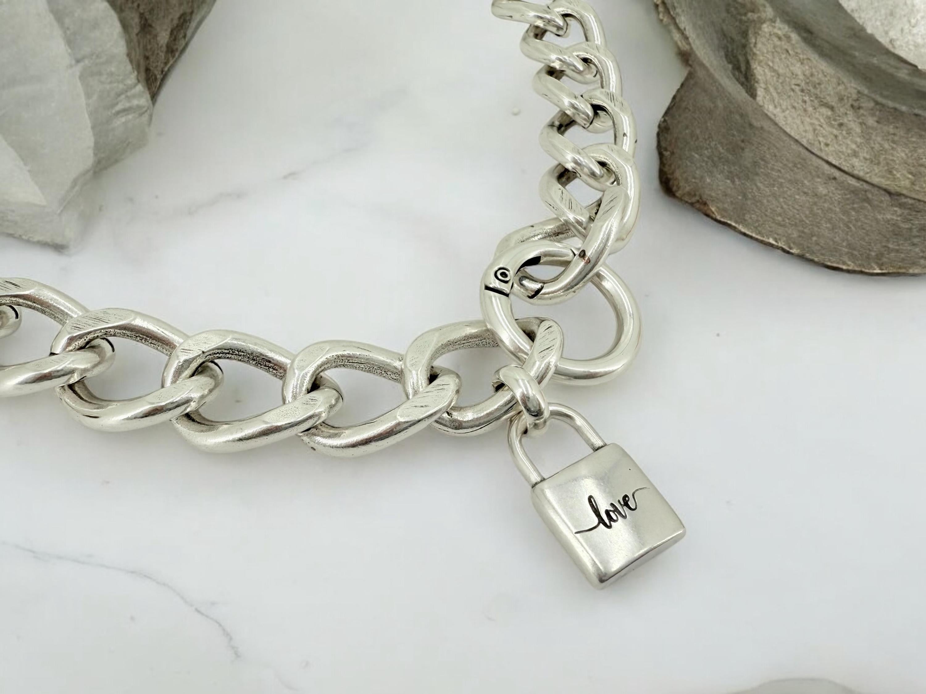 Artisian adjustable Chunky silver plated Chain Necklace with Padlock Pendant