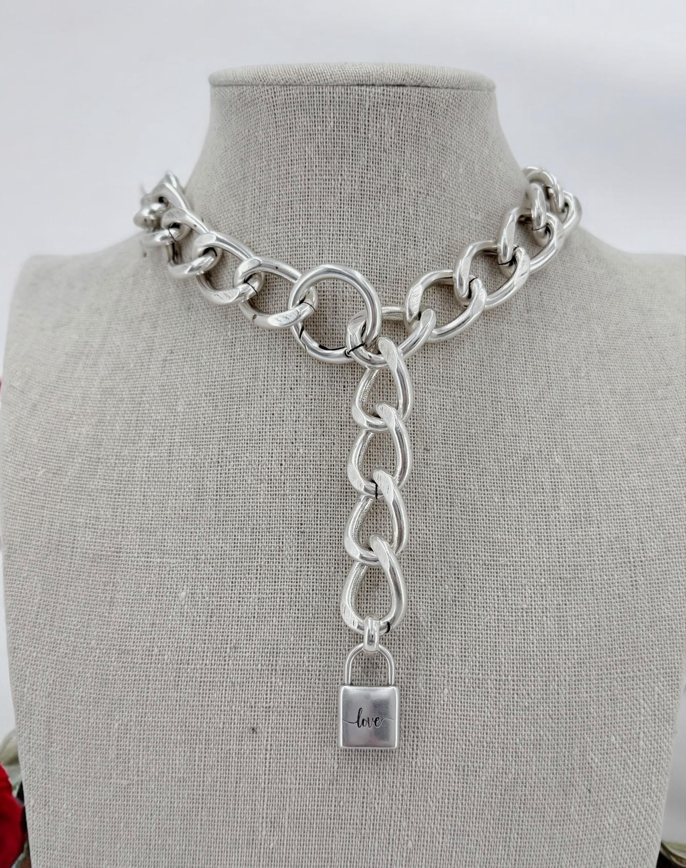 Artisian adjustable Chunky silver plated Chain Necklace with Padlock Pendant