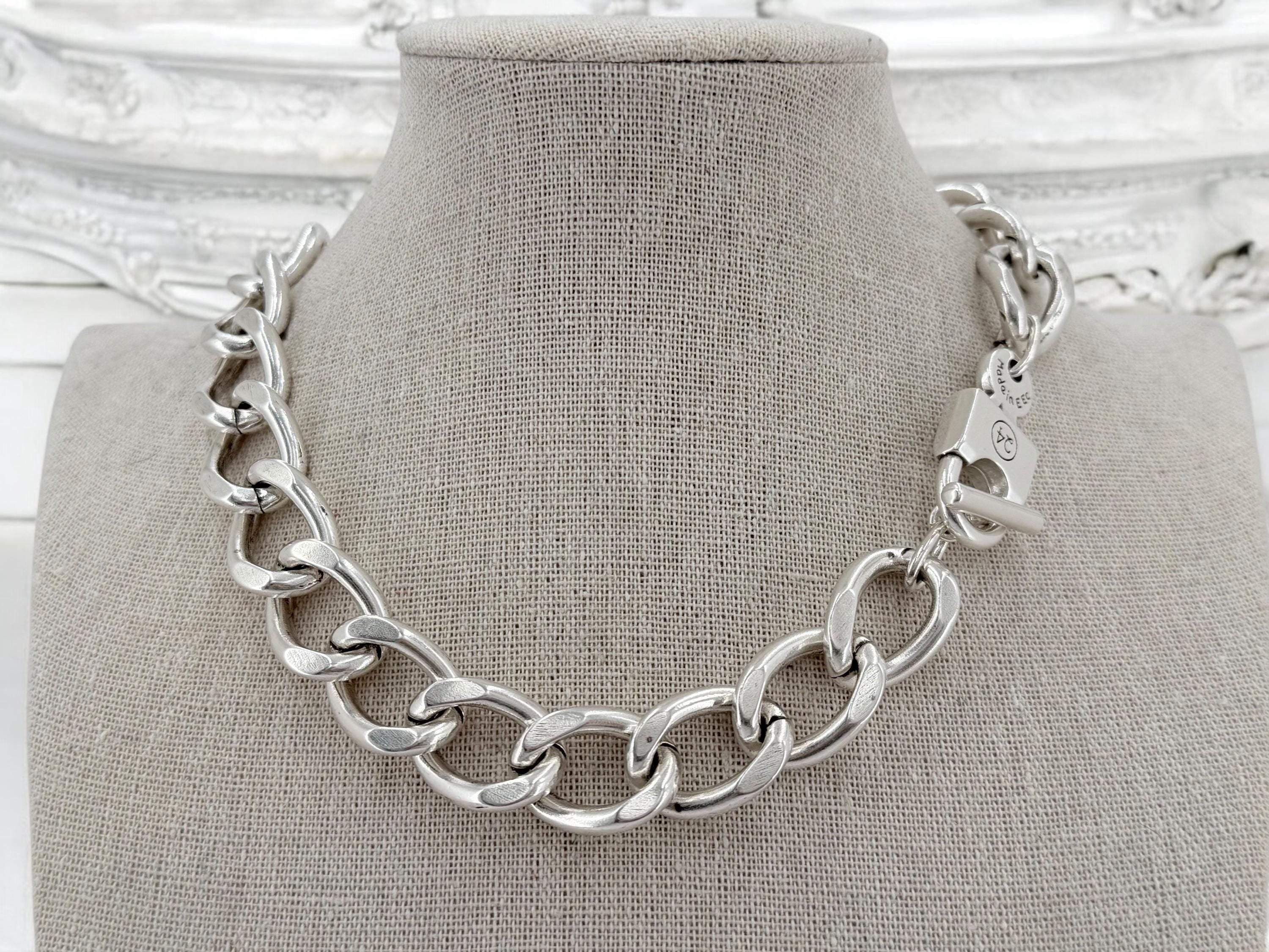 Sterling Silver Plated Steel Cuban Chain Necklace – Padlock Clasp, Industrial Statement Jewelry