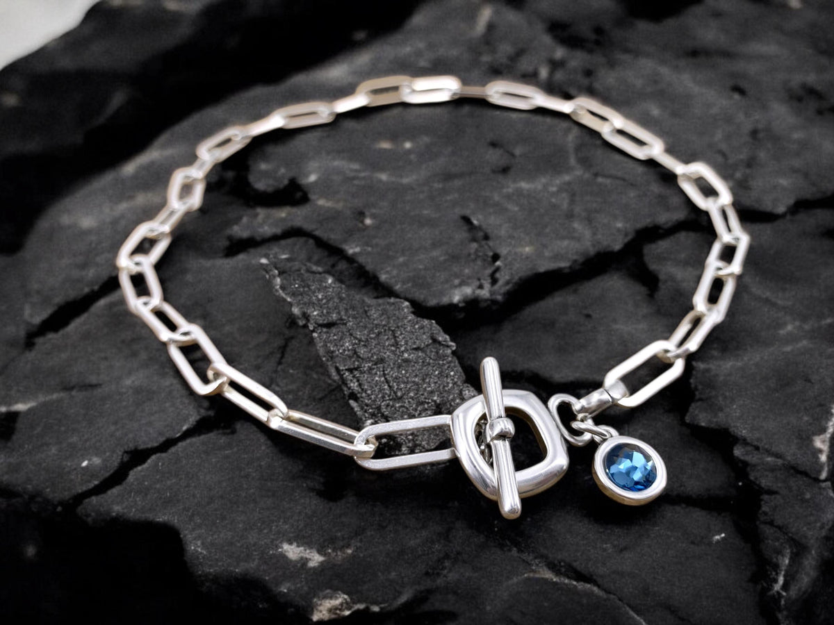 Handmade Silver Plated Chunky Chain Toggle Necklace, Swarovski Crystal Charm