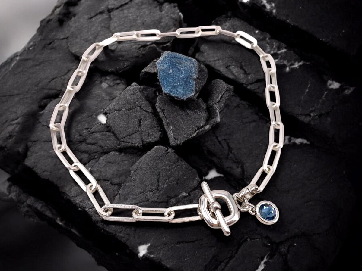 Handmade Silver Plated Chunky Chain Toggle Necklace, Swarovski Crystal Charm