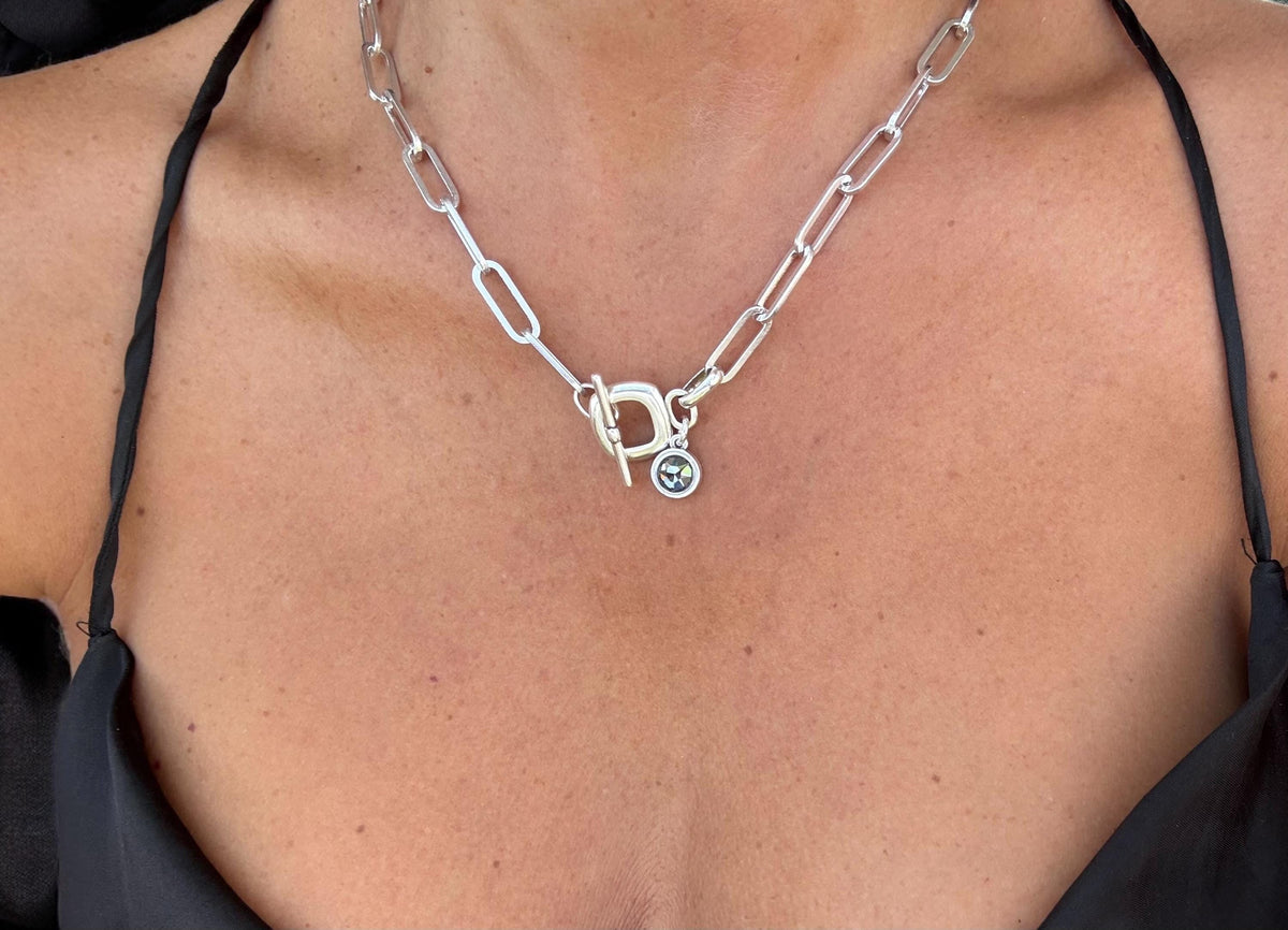 Handmade Silver Plated Chunky Chain Toggle Necklace, Swarovski Crystal Charm