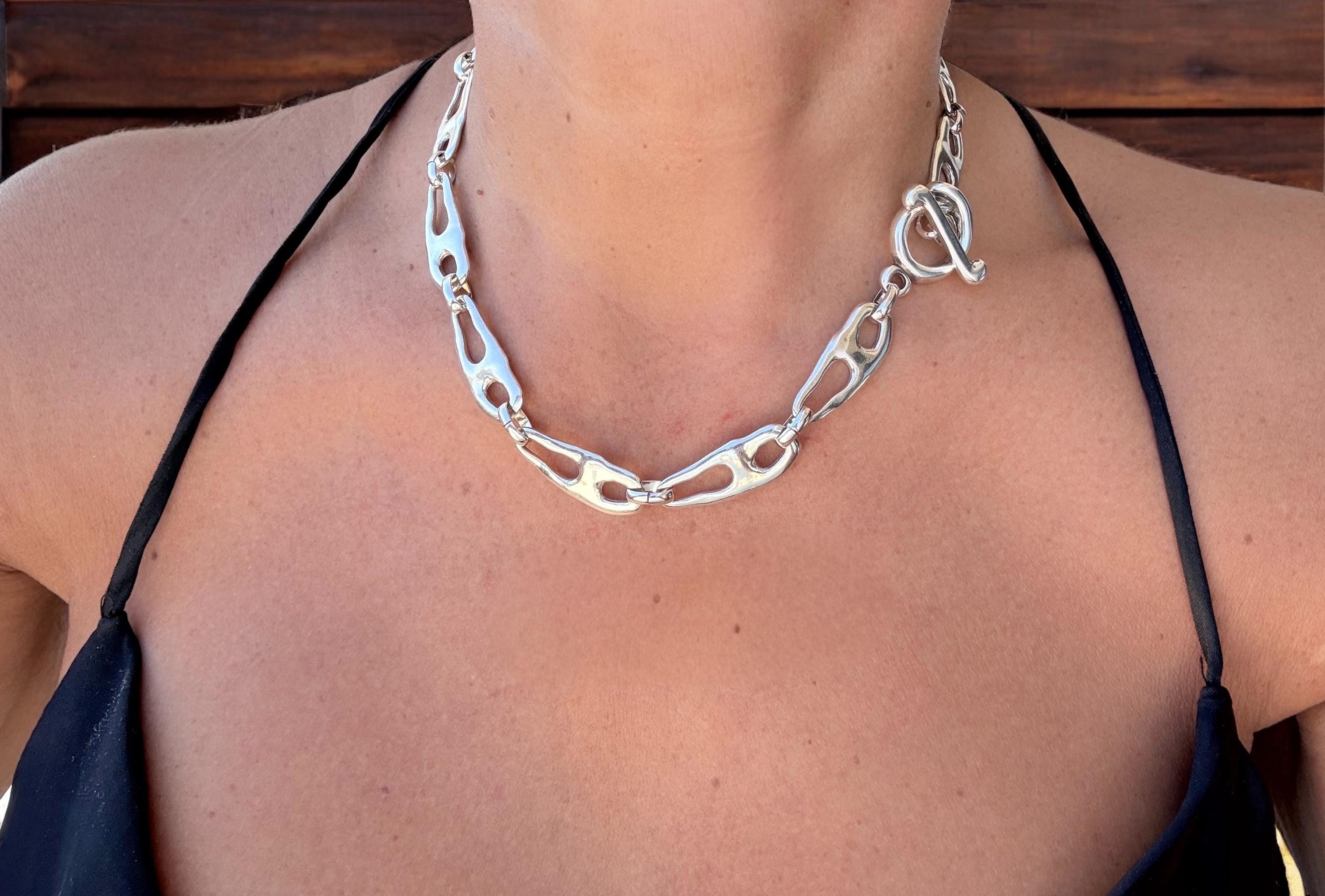 Chunky Sculptural Silver Chain Necklace – Organic Links, Toggle Clasp – Urban Statement Jewelry