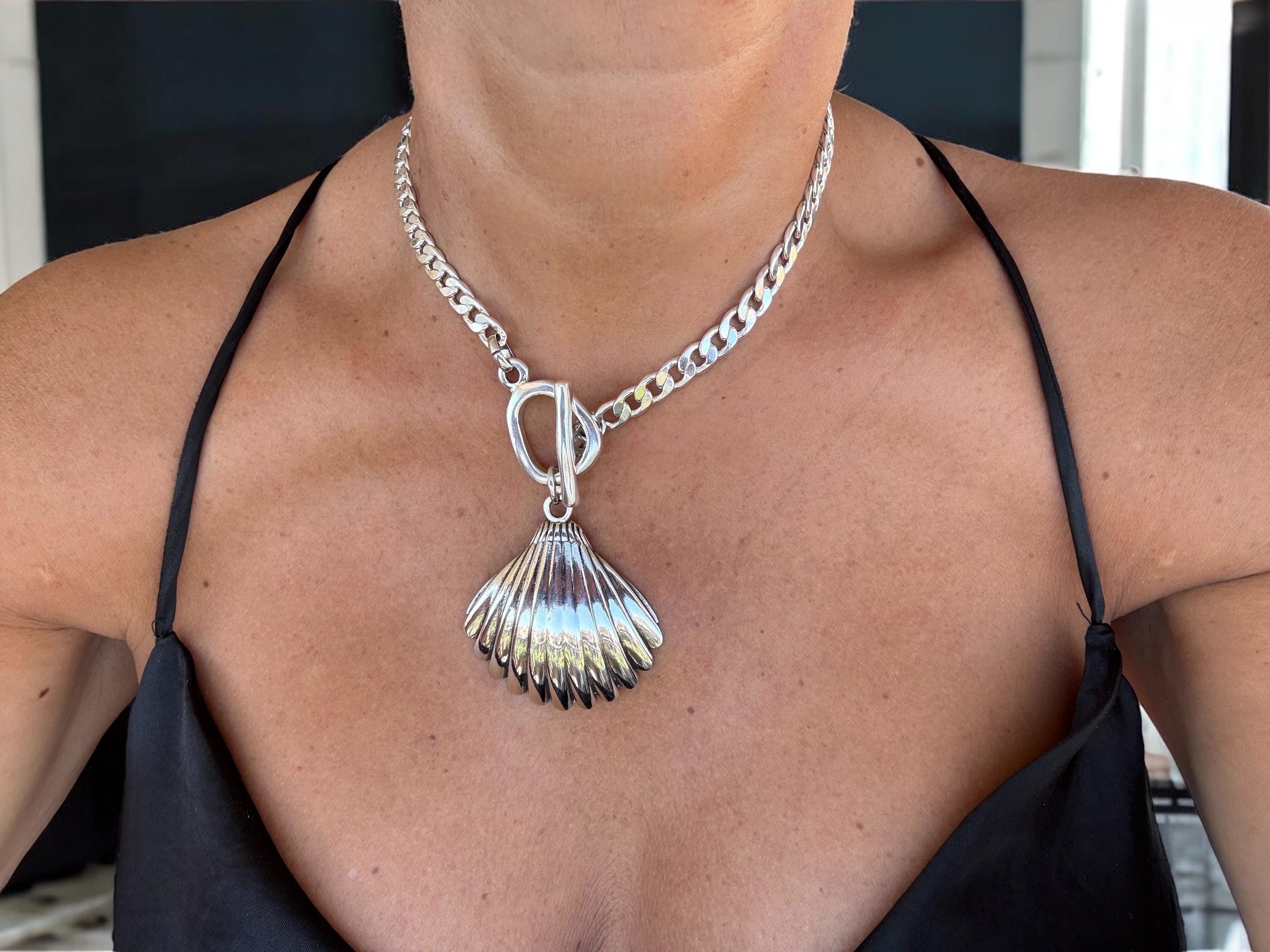 Chunky Silver Curb Chain Necklace , Shell Pendant on Toggle Clasp, Custom Length