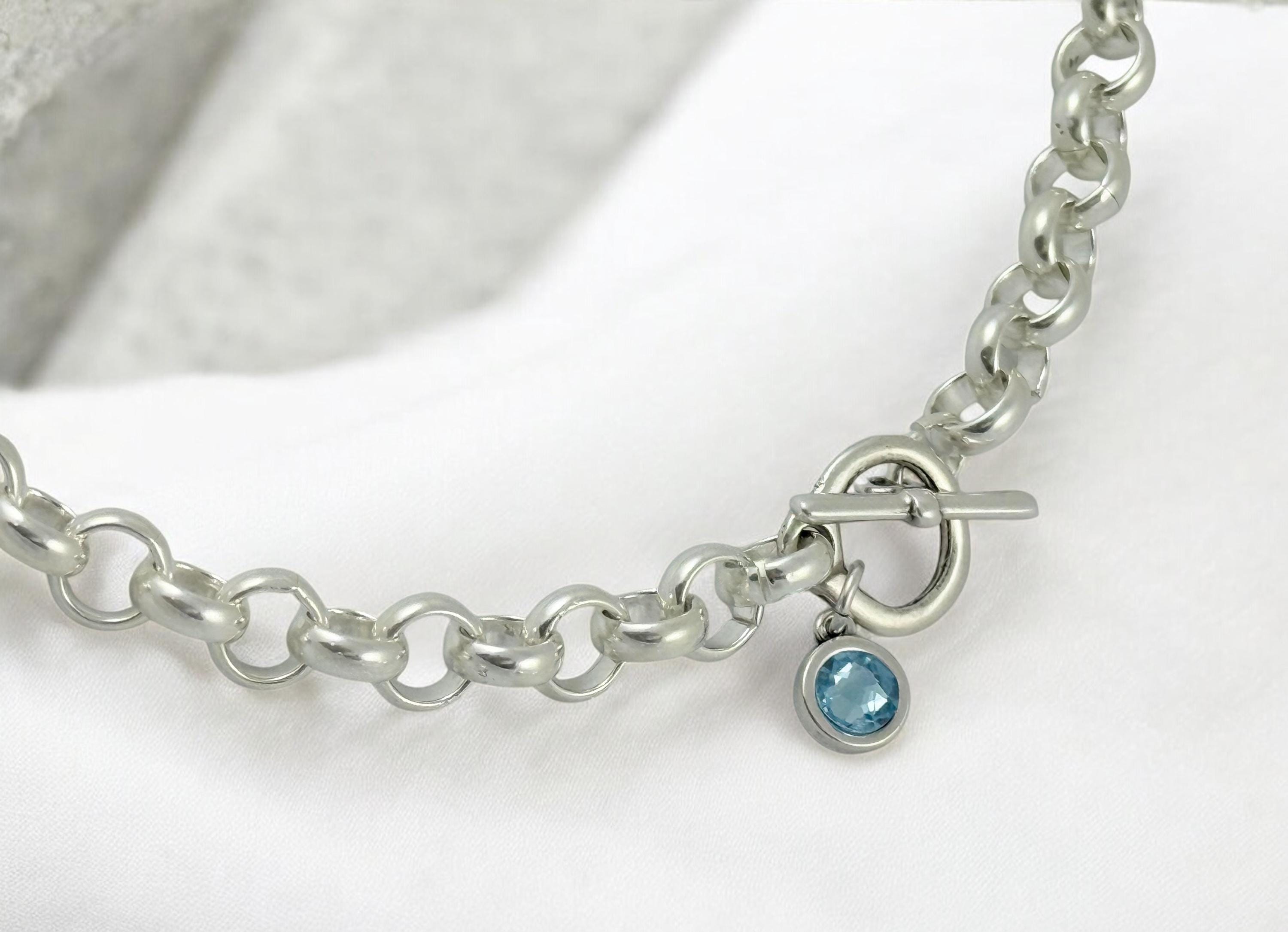 Chunky silver-plated rolo chain with toggle clasp and Swarovski crystal charm- custom jewelry