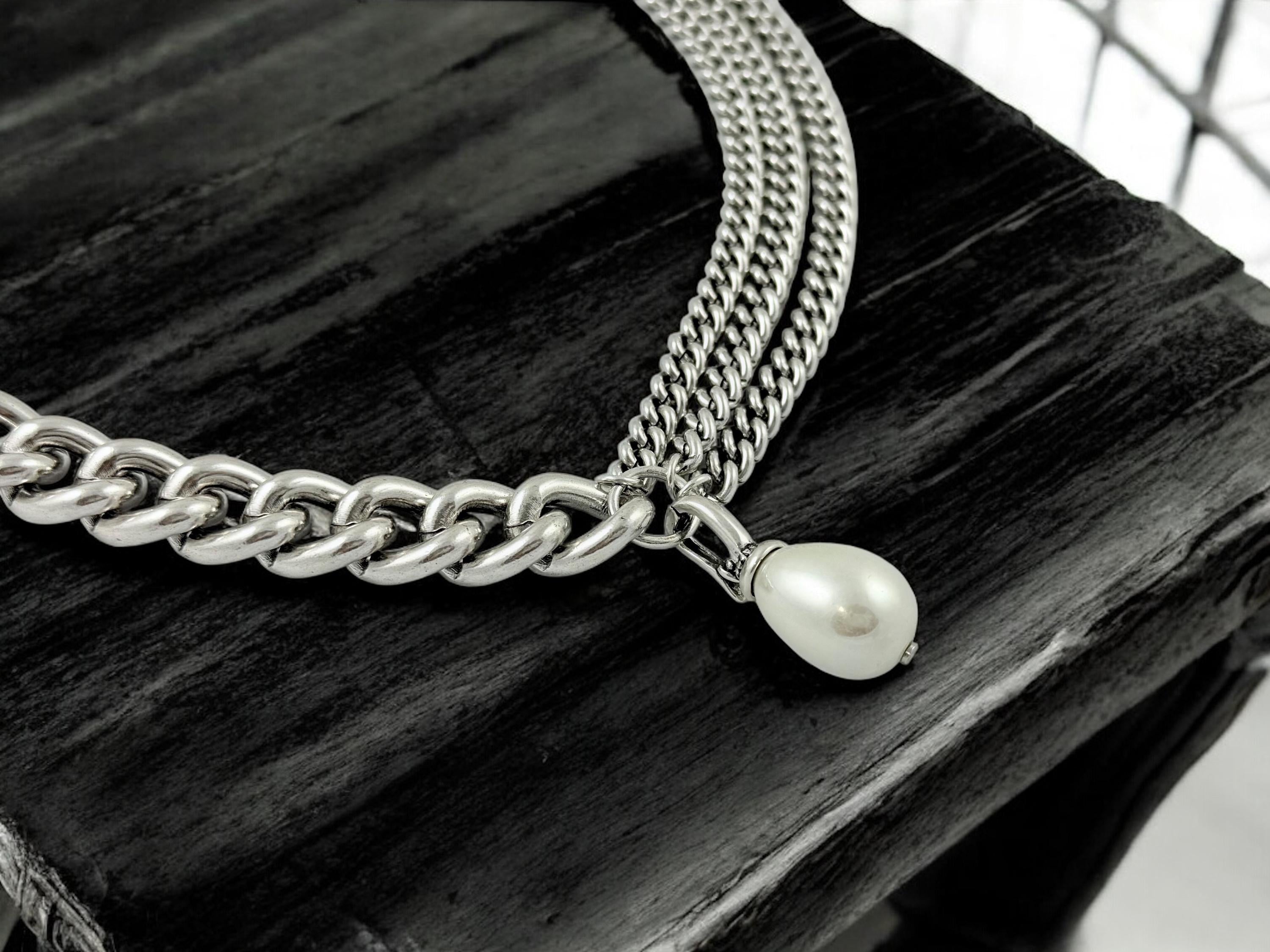 Artisian Asymmetric Silver Chunky Necklace with Removable Baroque Pearl