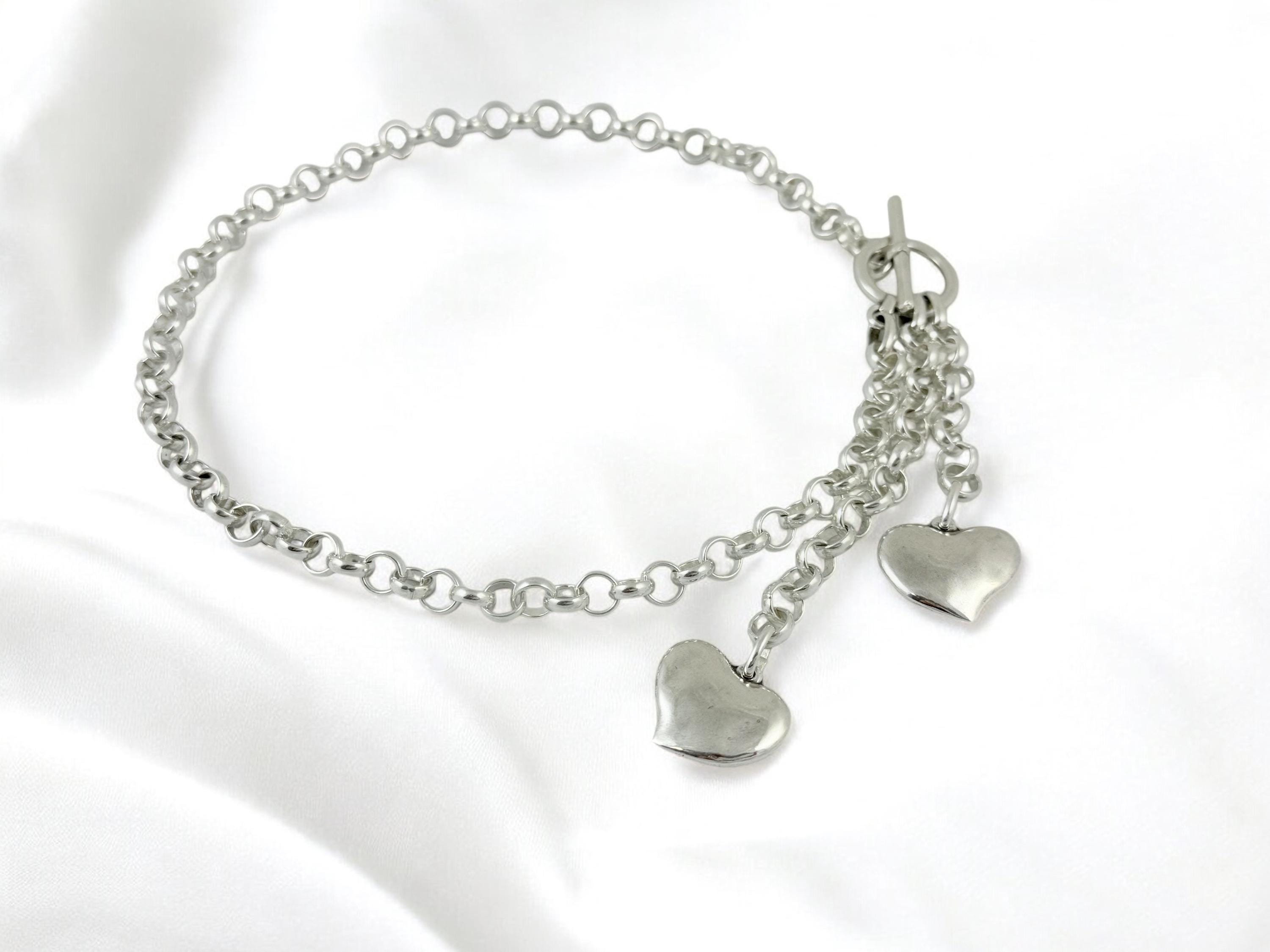 Artisian Chunky silver plated chain lariat necklace with 2 heart pendants, handmade custom jewelry