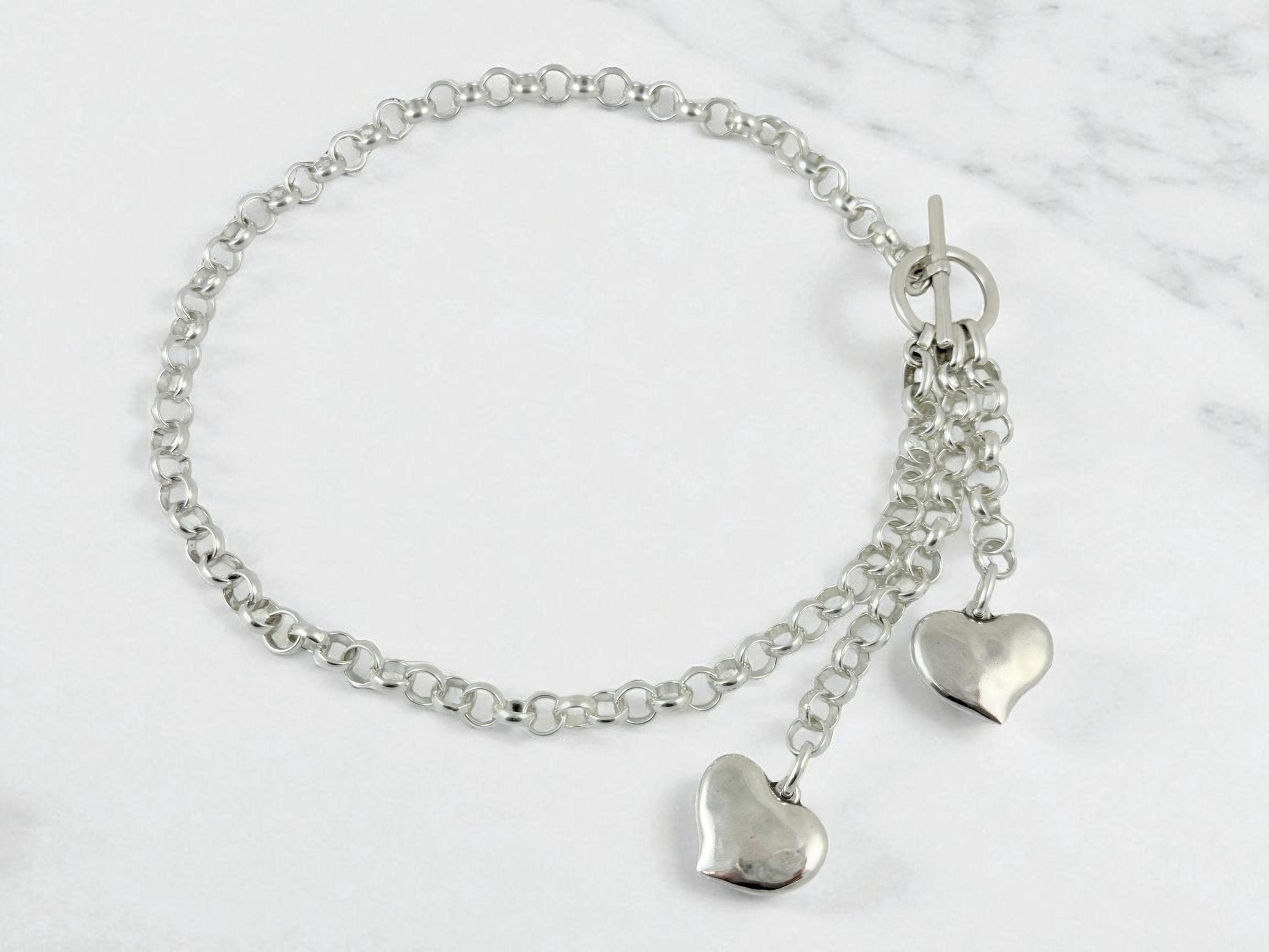Artisian Chunky silver plated chain lariat necklace with 2 heart pendants, handmade custom jewelry