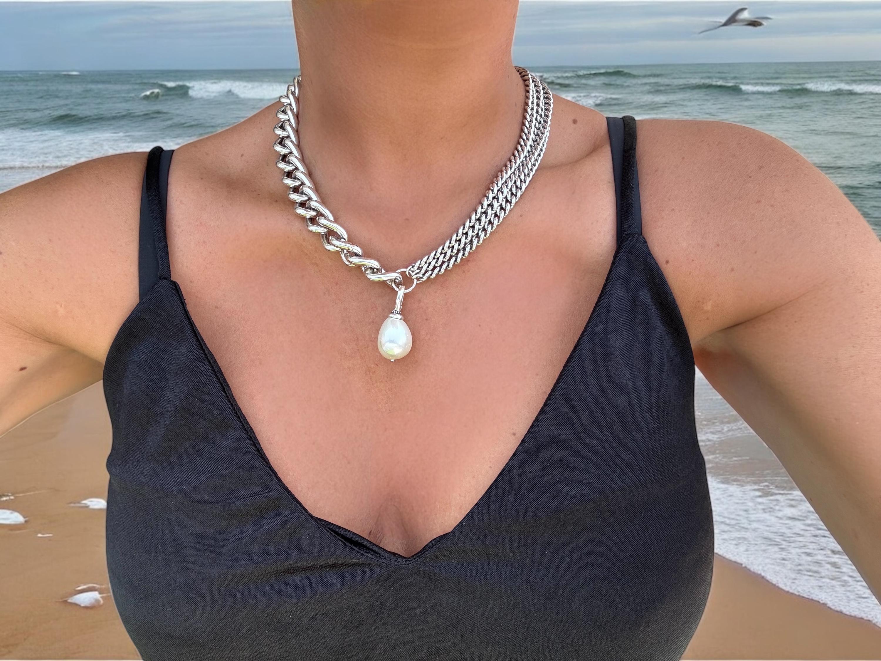 Artisian Asymmetric Silver Chunky Necklace with Removable Baroque Pearl