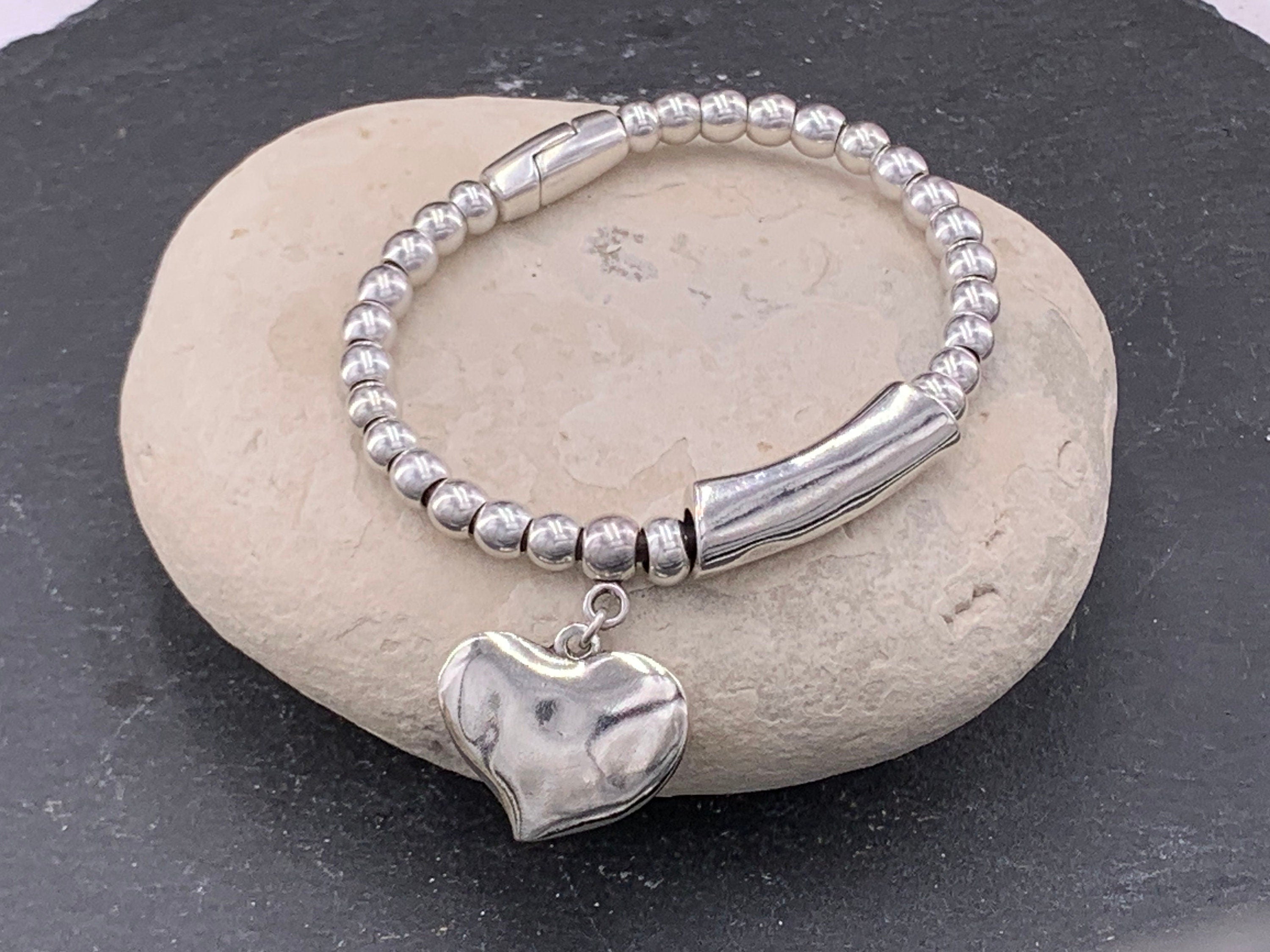 Artisian Chunky Silver plated Beaded and central tube heart charm Bracelet