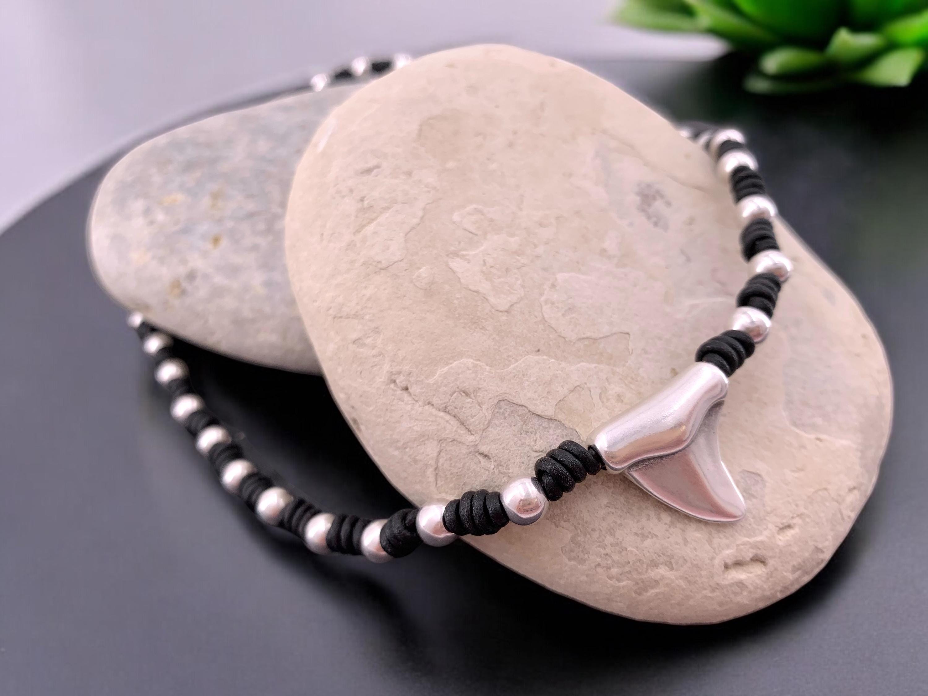 Unisex Handmade leather and silver plated beaded necklace with Shark Tooth pendant, custom jewelry