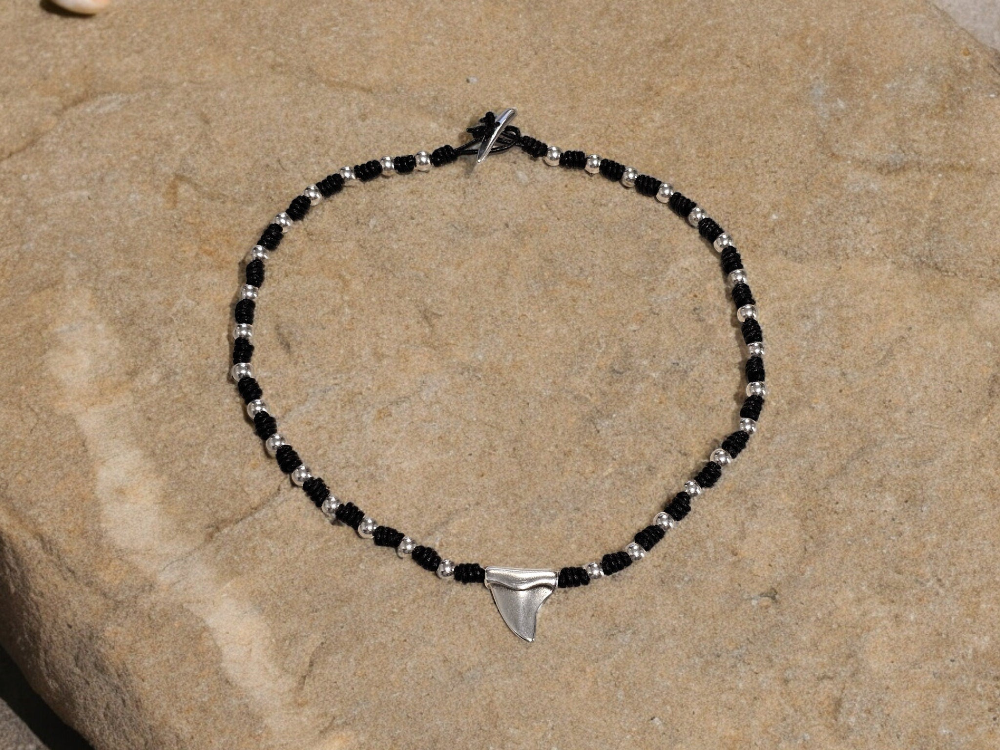 Unisex Handmade leather and silver plated beaded necklace with Shark Tooth pendant, custom jewelry