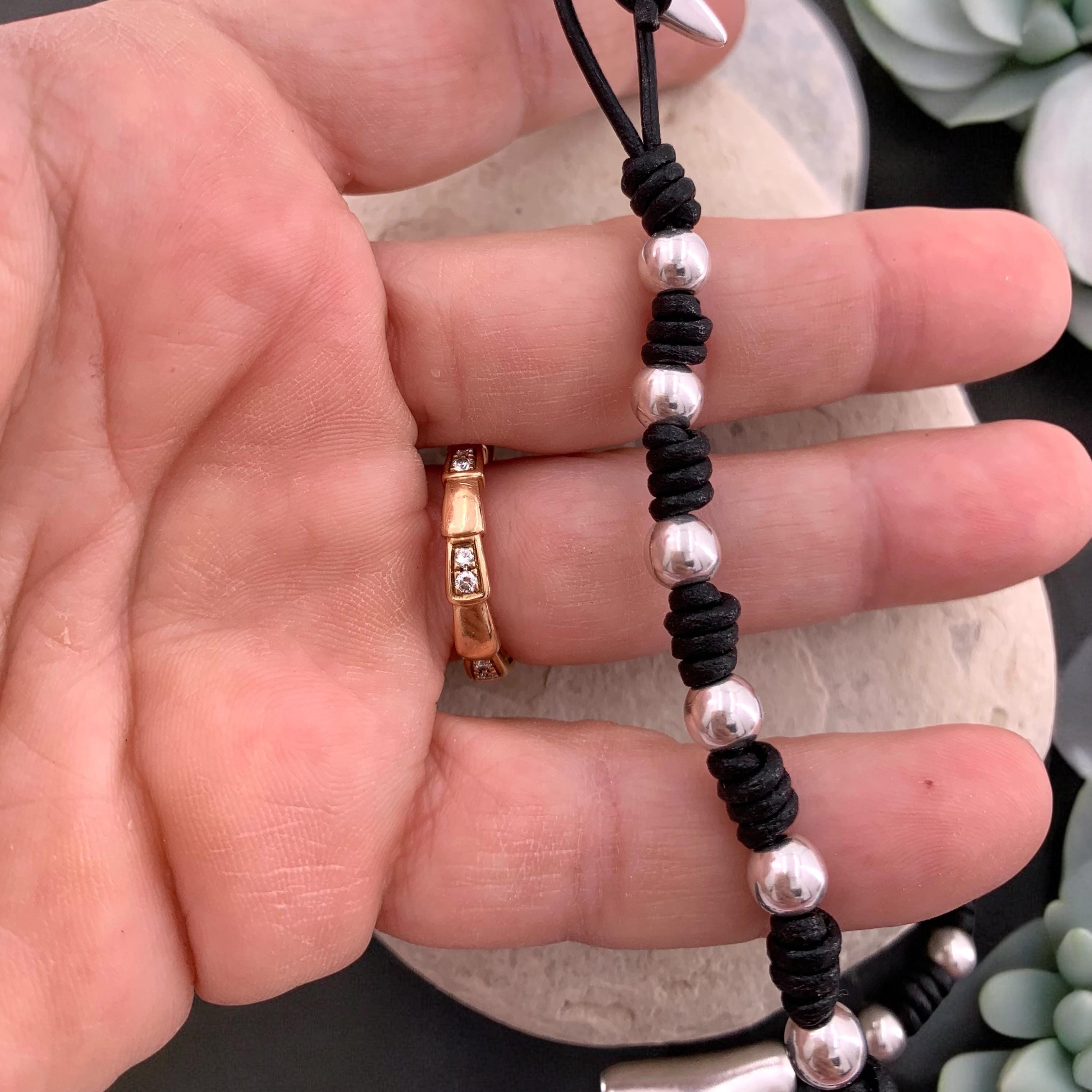 Unisex Handmade leather and silver plated beaded necklace with Shark Tooth pendant, custom jewelry