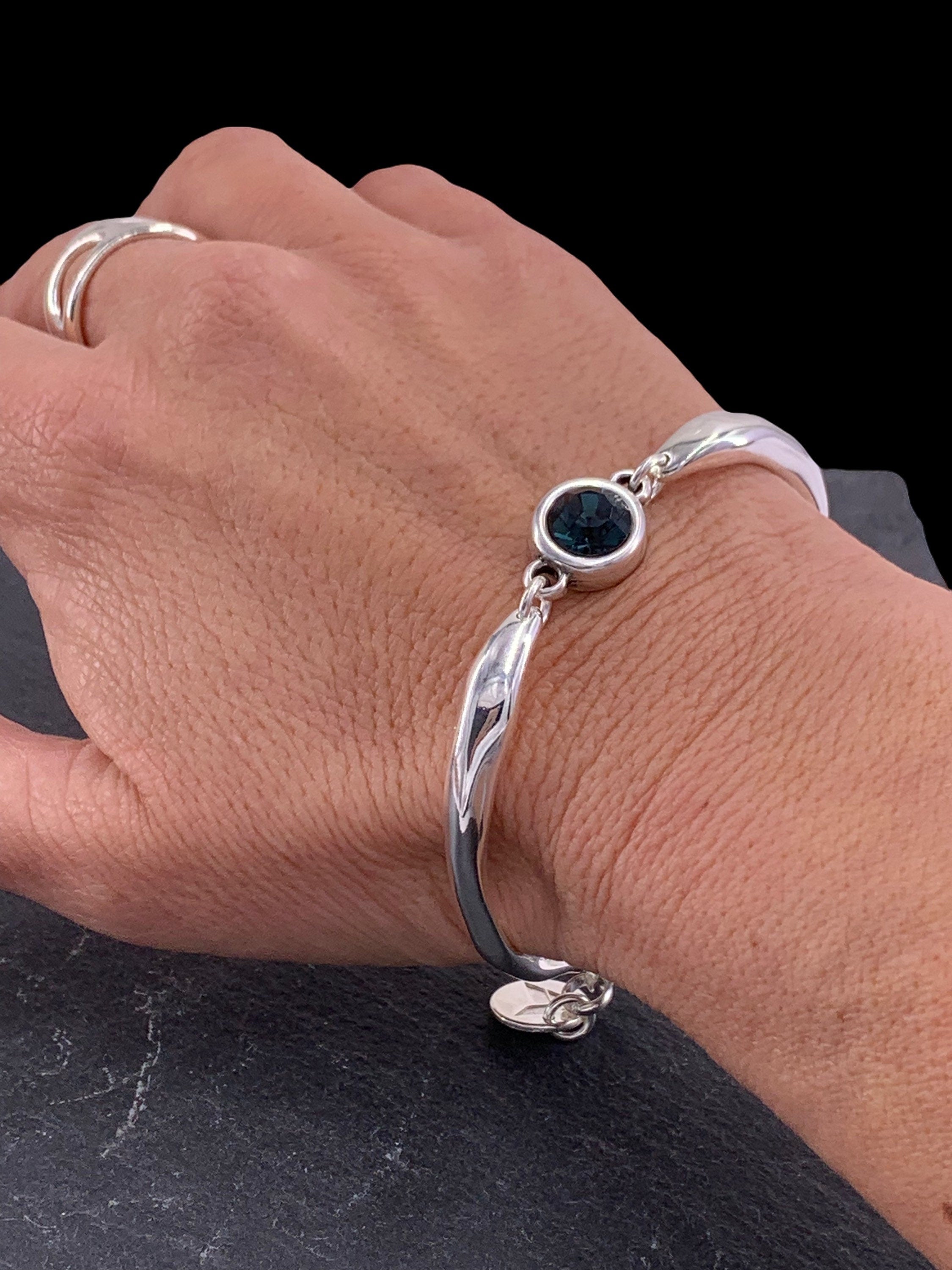 Chunky silver plated cuff bracelet with Swarovski crystal central piece, handmade adjustable jewelry
