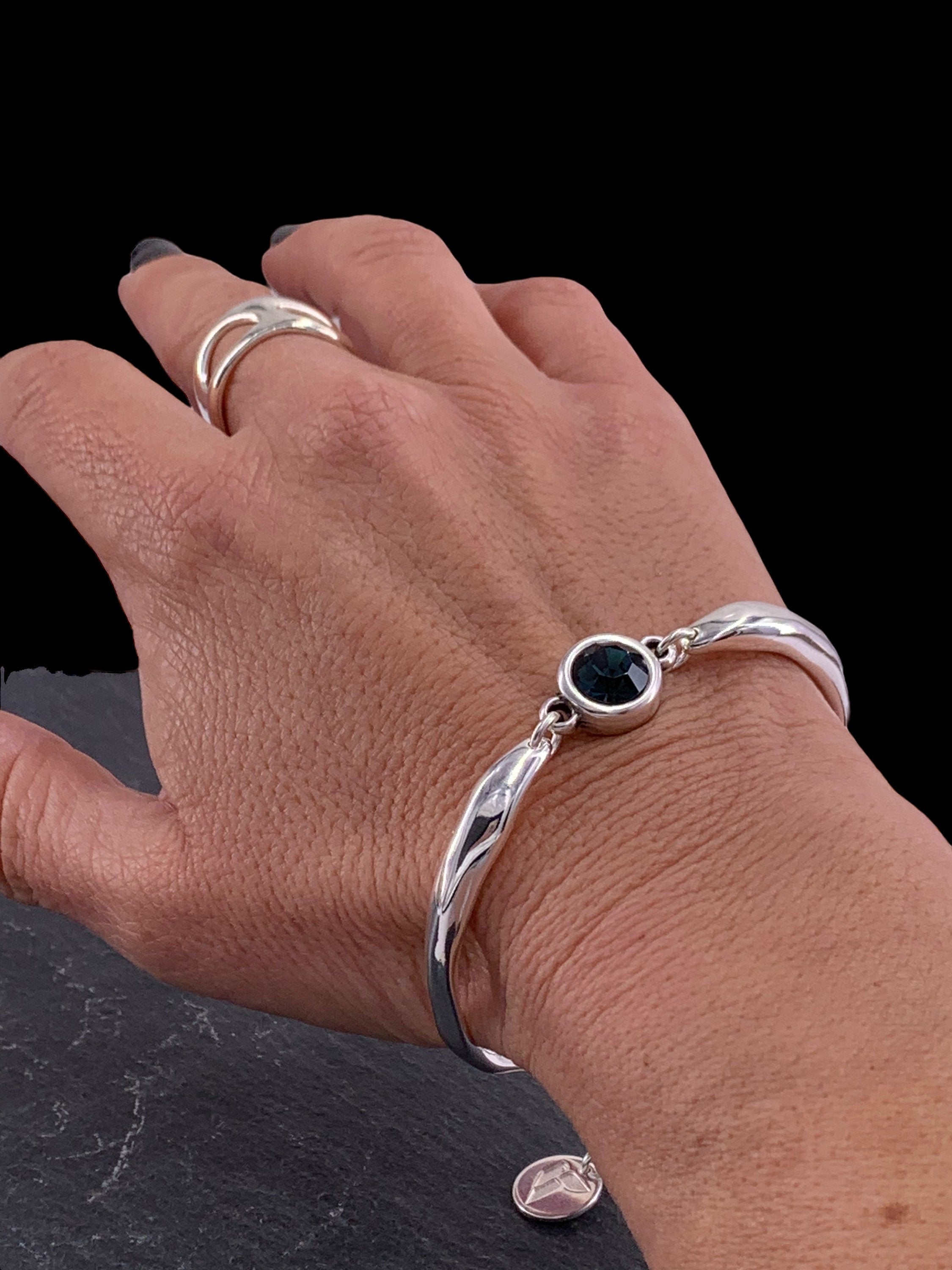 Chunky silver plated cuff bracelet with Swarovski crystal central piece, handmade adjustable jewelry