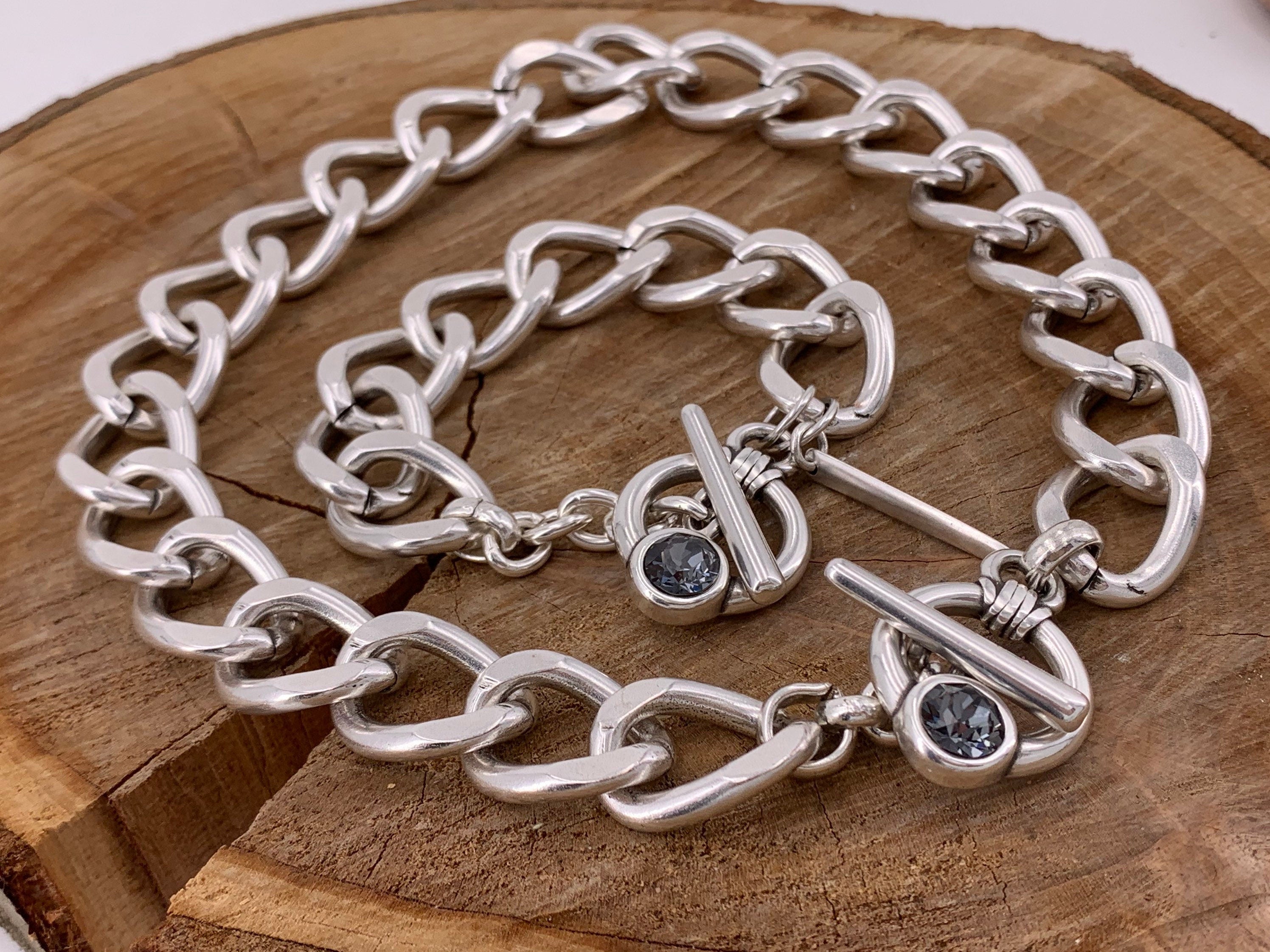 Artisian Chunky Silver plated Cuban chain choker with toggle clasp and Swarovski crystal, Handmade jewelry