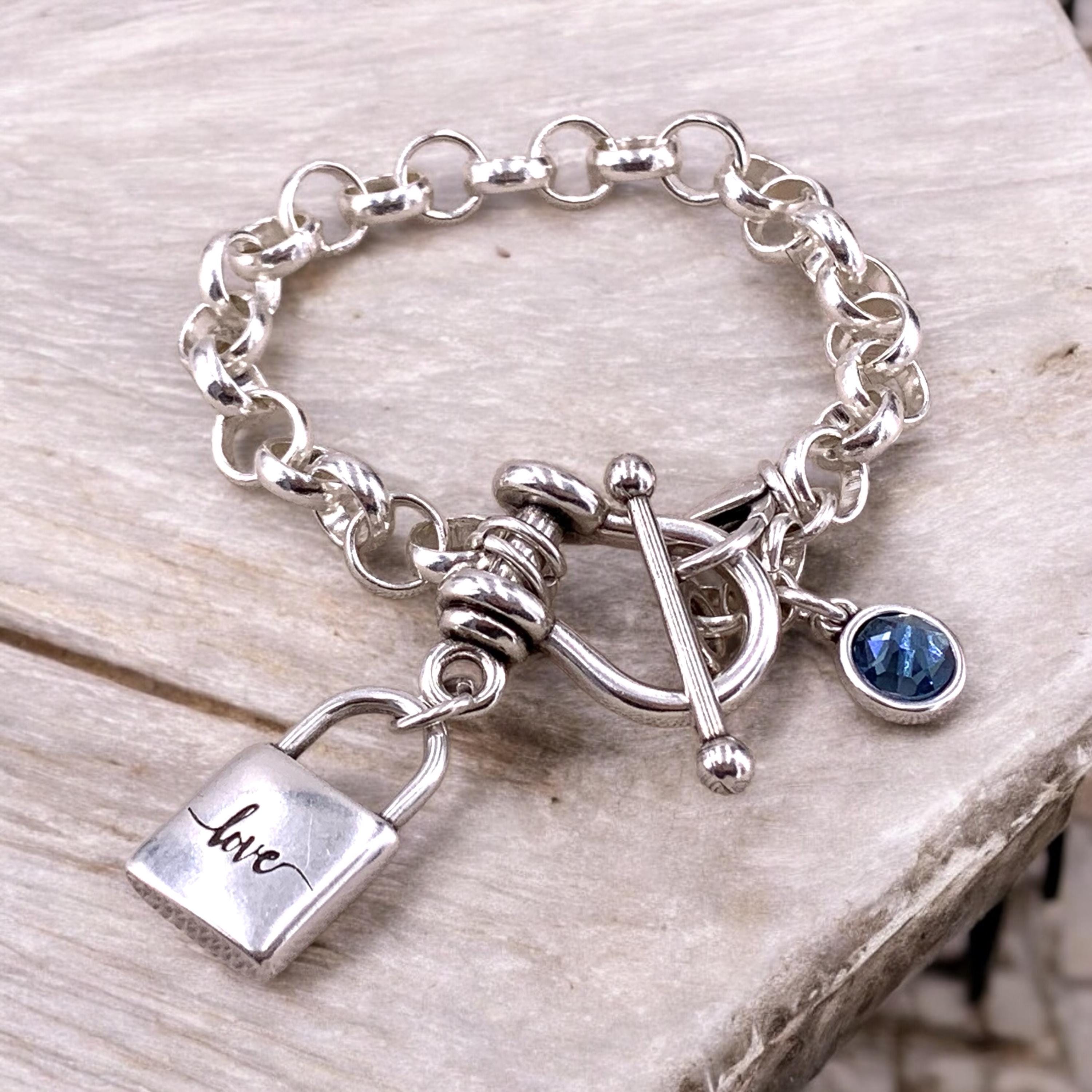 Artisian Chunky Silver plated Bracelet with toggle clasp, padlock charm and Swarovski Crystal Accent