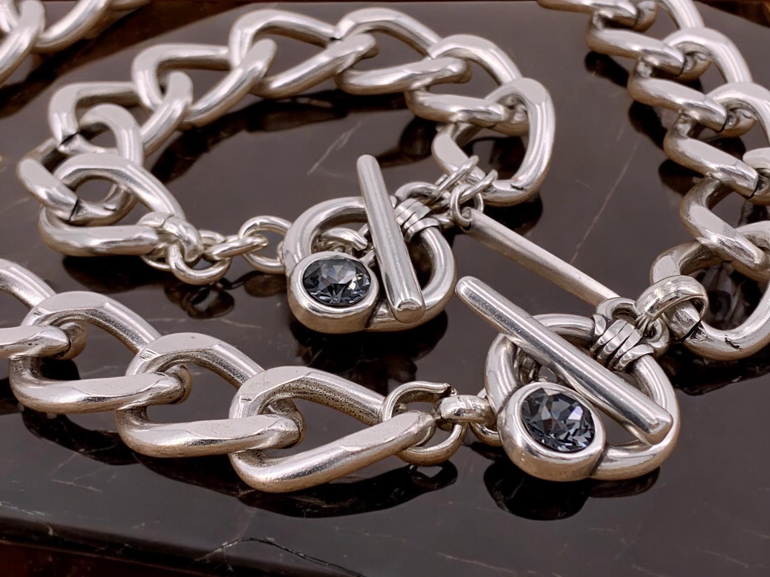 Artisian Chunky Silver plated Cuban chain choker with toggle clasp and Swarovski crystal, Handmade jewelry