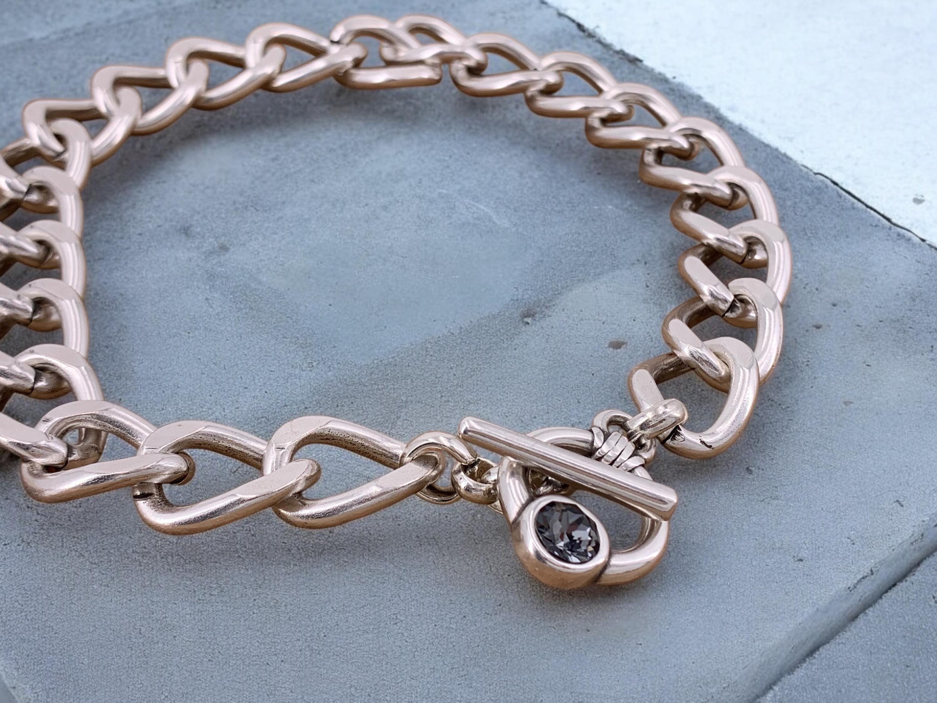 Artisian Chunky Silver plated Cuban chain choker with toggle clasp and Swarovski crystal, Handmade jewelry