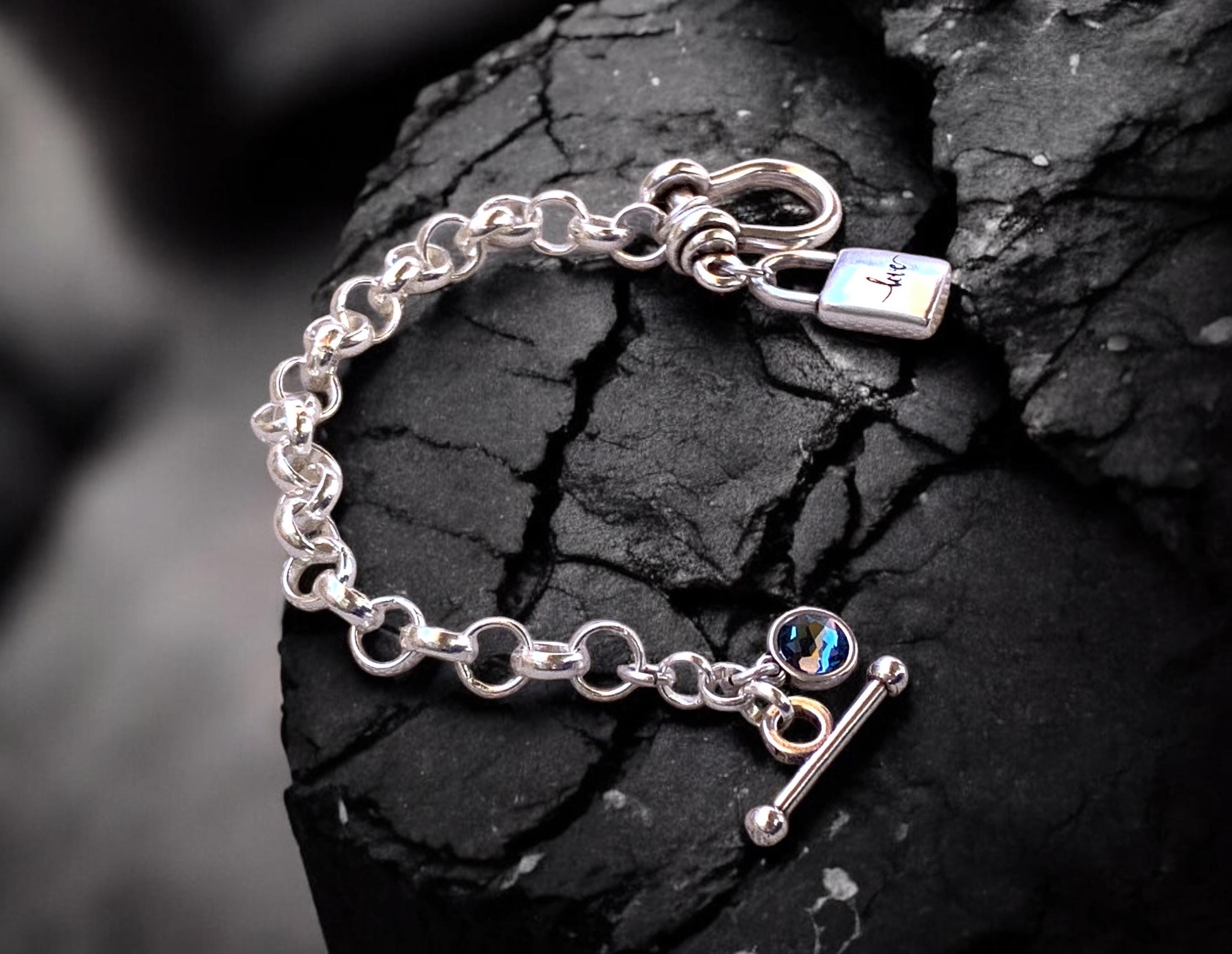 Artisian Chunky Silver plated Bracelet with toggle clasp, padlock charm and Swarovski Crystal Accent