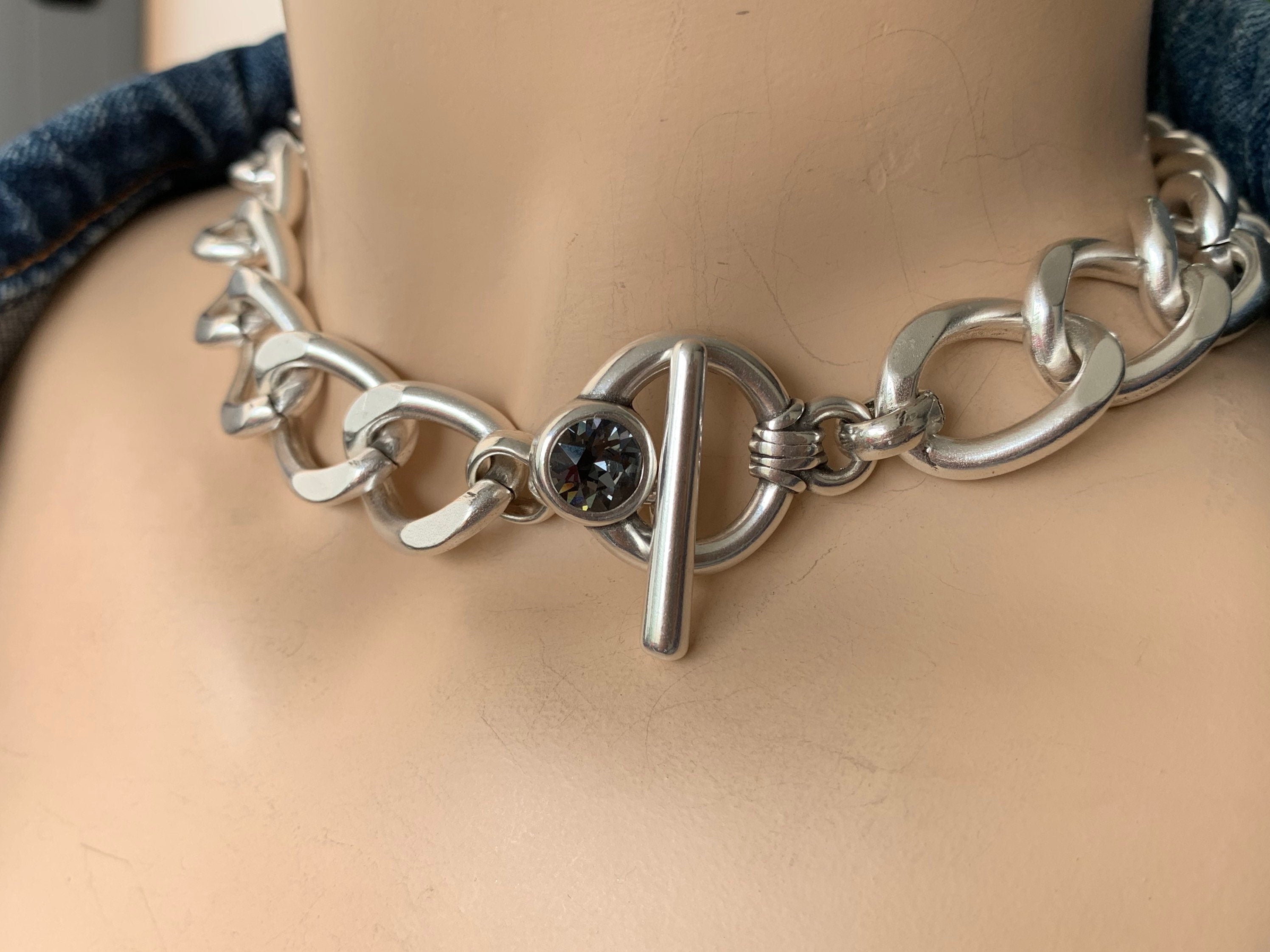 Artisian Chunky Silver plated Cuban chain choker with toggle clasp and Swarovski crystal, Handmade jewelry