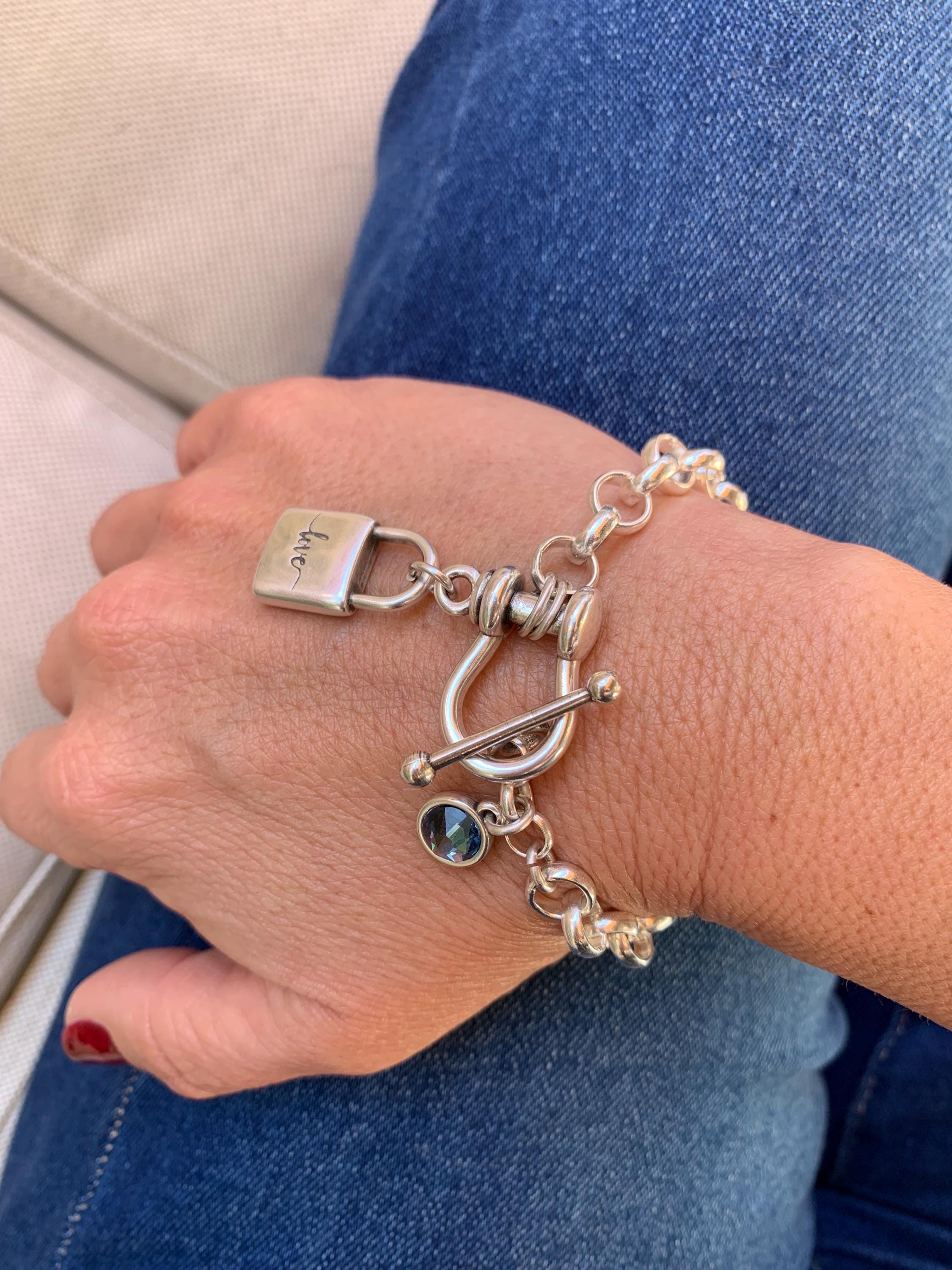 Artisian Chunky Silver plated Bracelet with toggle clasp, padlock charm and Swarovski Crystal Accent