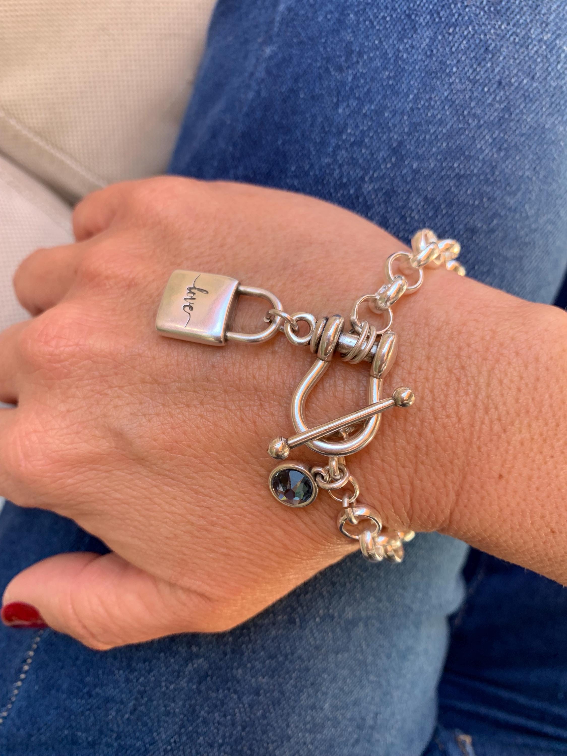 Artisian Chunky Silver plated Bracelet with toggle clasp, padlock charm and Swarovski Crystal Accent