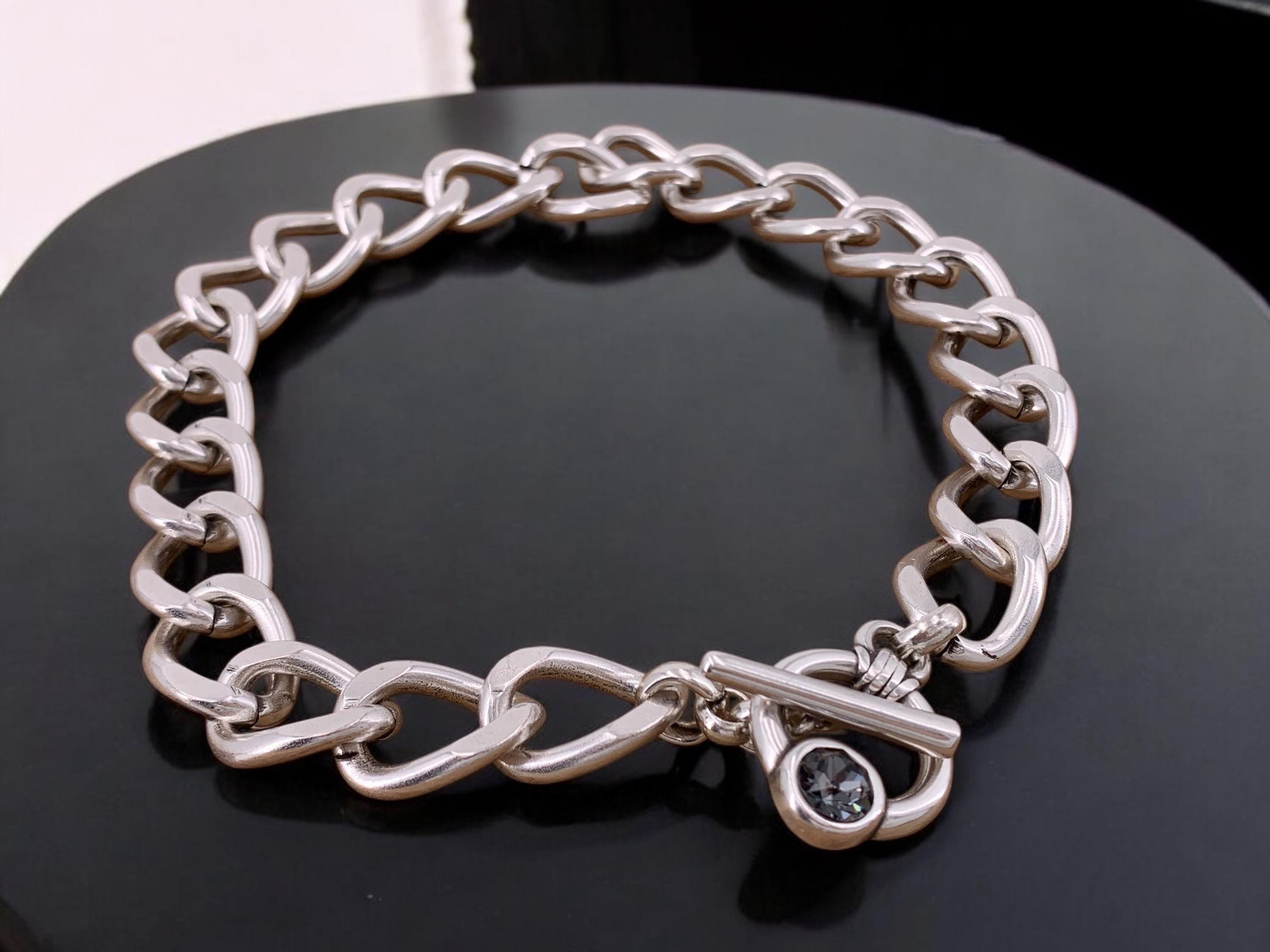 Artisian Chunky Silver plated Cuban chain choker with toggle clasp and Swarovski crystal, Handmade jewelry