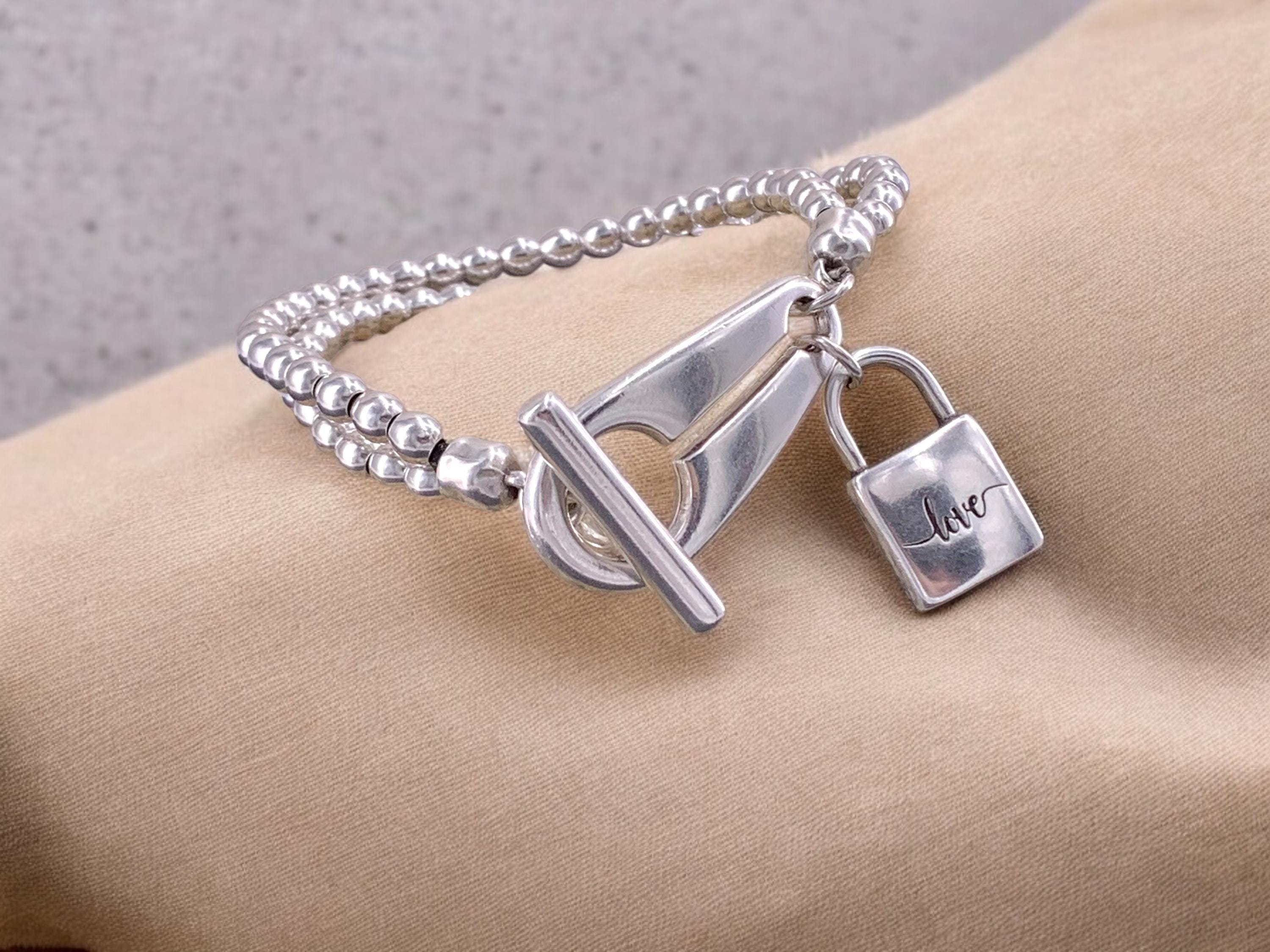 Handmade Silver plated Beaded chunky Bracelet, Toggle Clasp, "Love" engraved Padlock Charm