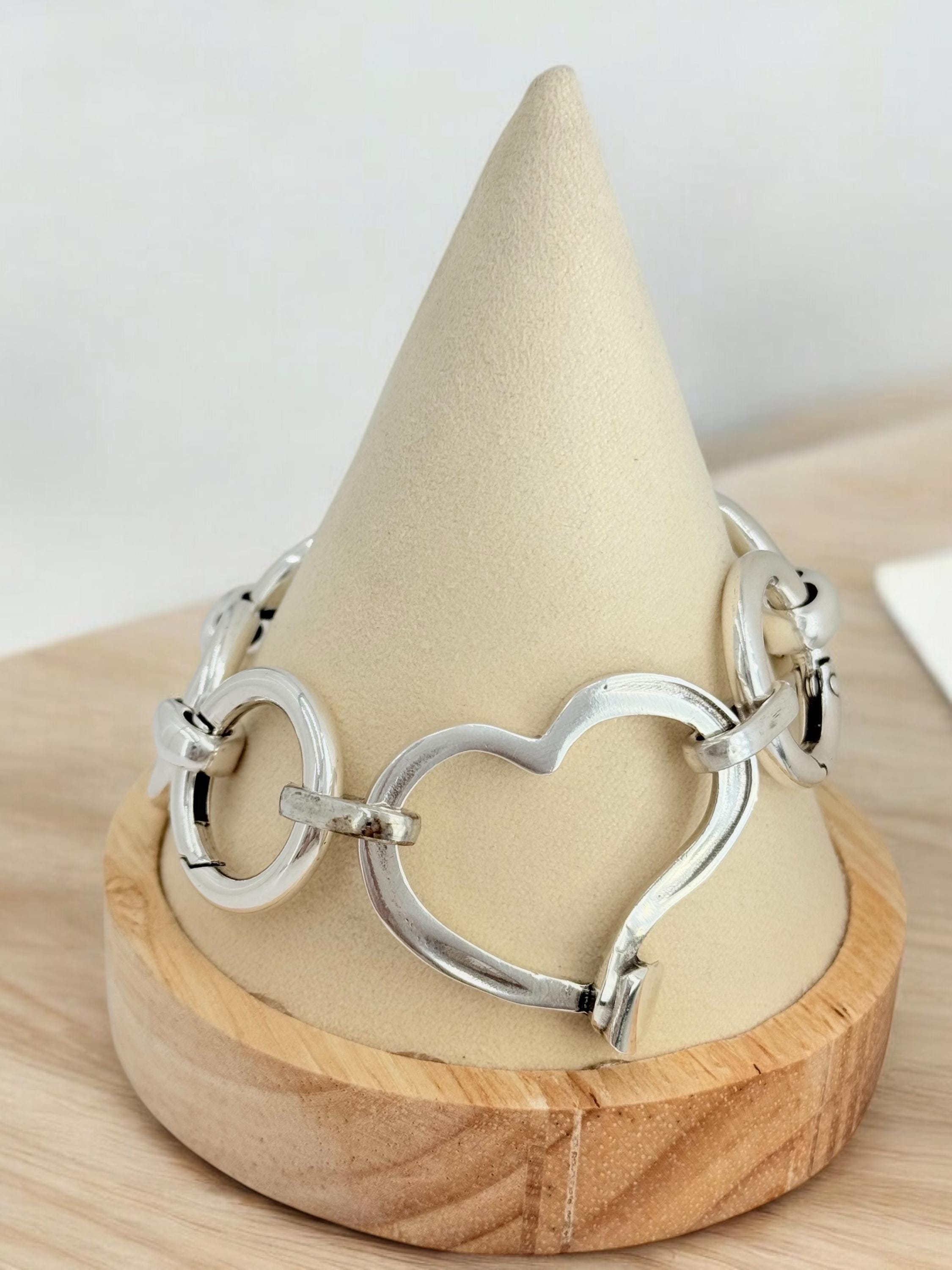 Artisian Circular big links Chunky Silver plated bracelet with statement heart central motive