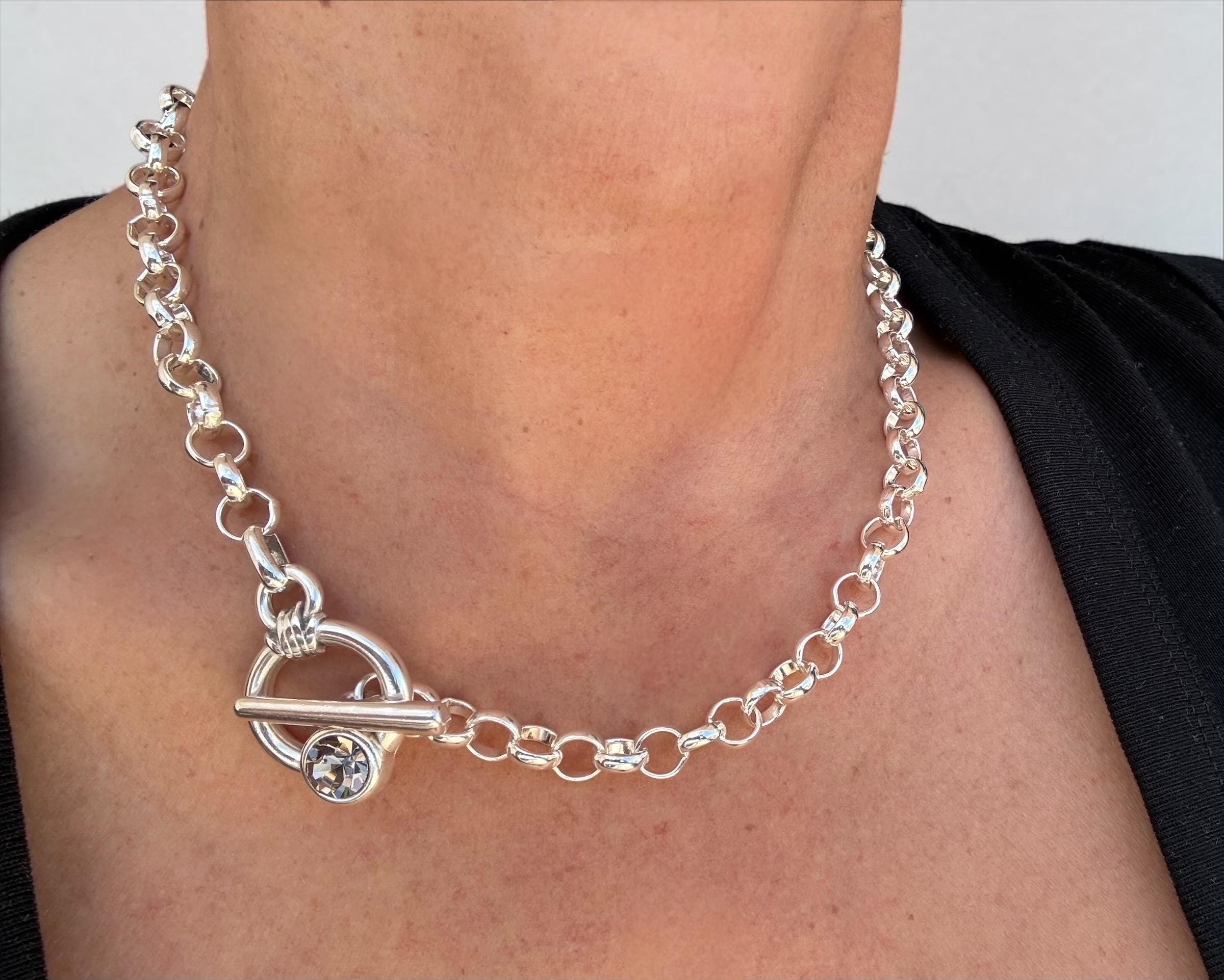 Chunky silver plated chain toggle clasp necklace with Swarovski crystal, bold custom jewelry